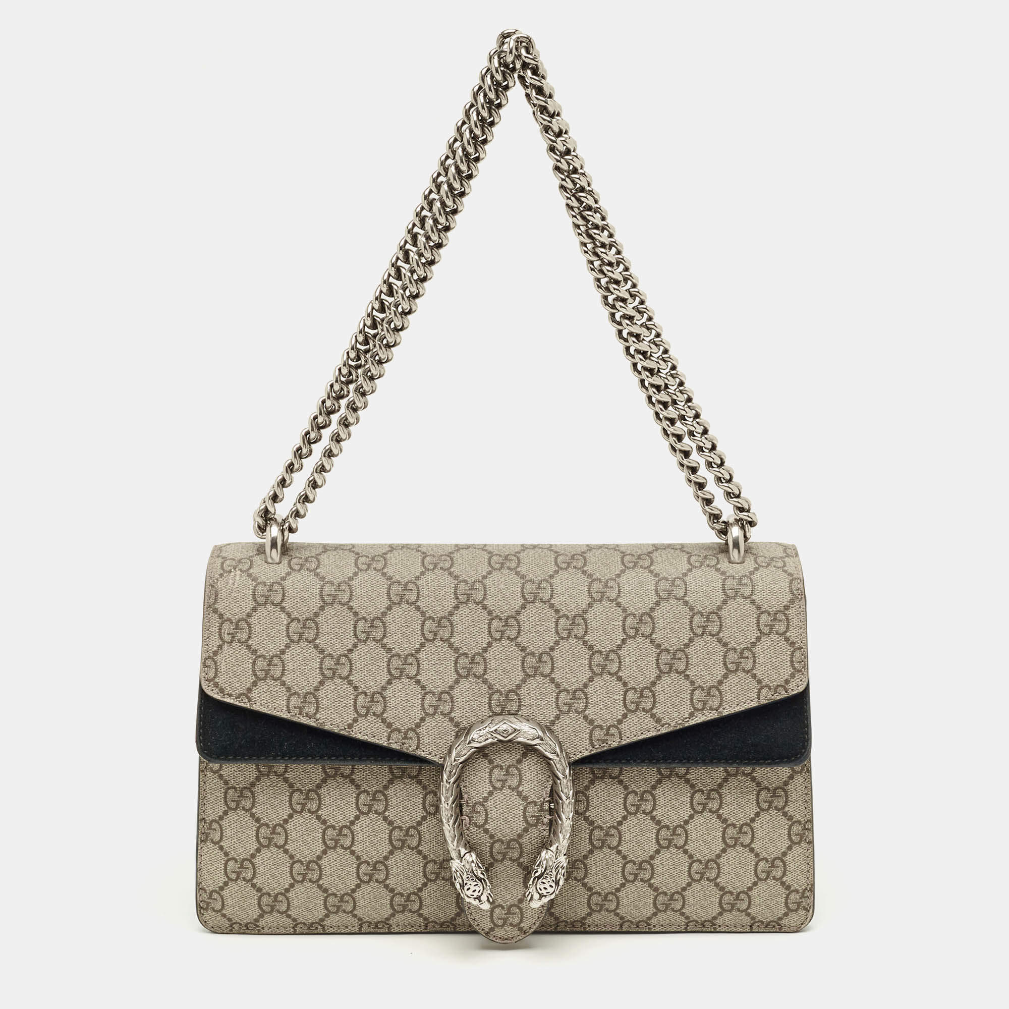 Pre Owned Gucci Beige/Black GG Supreme Canvas and Suede Small Dionysus Shoulder Bag