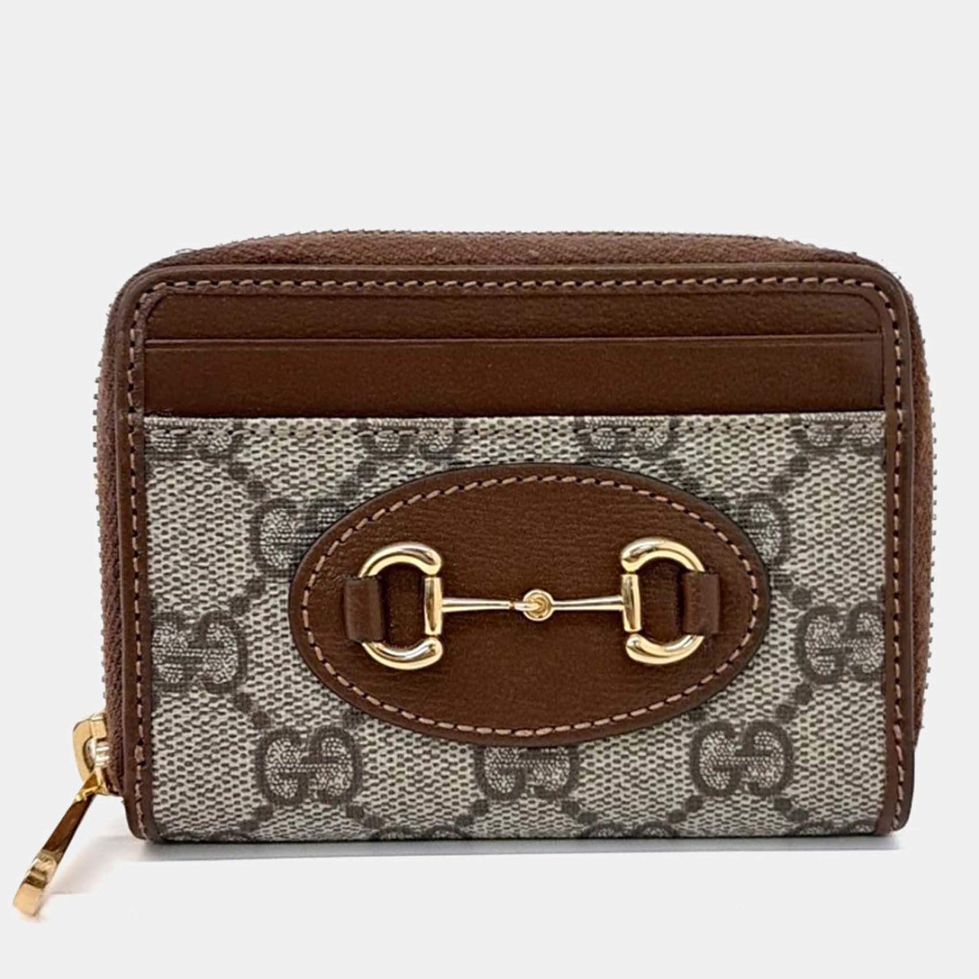 Pre Owned Gucci Beige Brown Coated Canvas 1955 Horsebit Card Holder