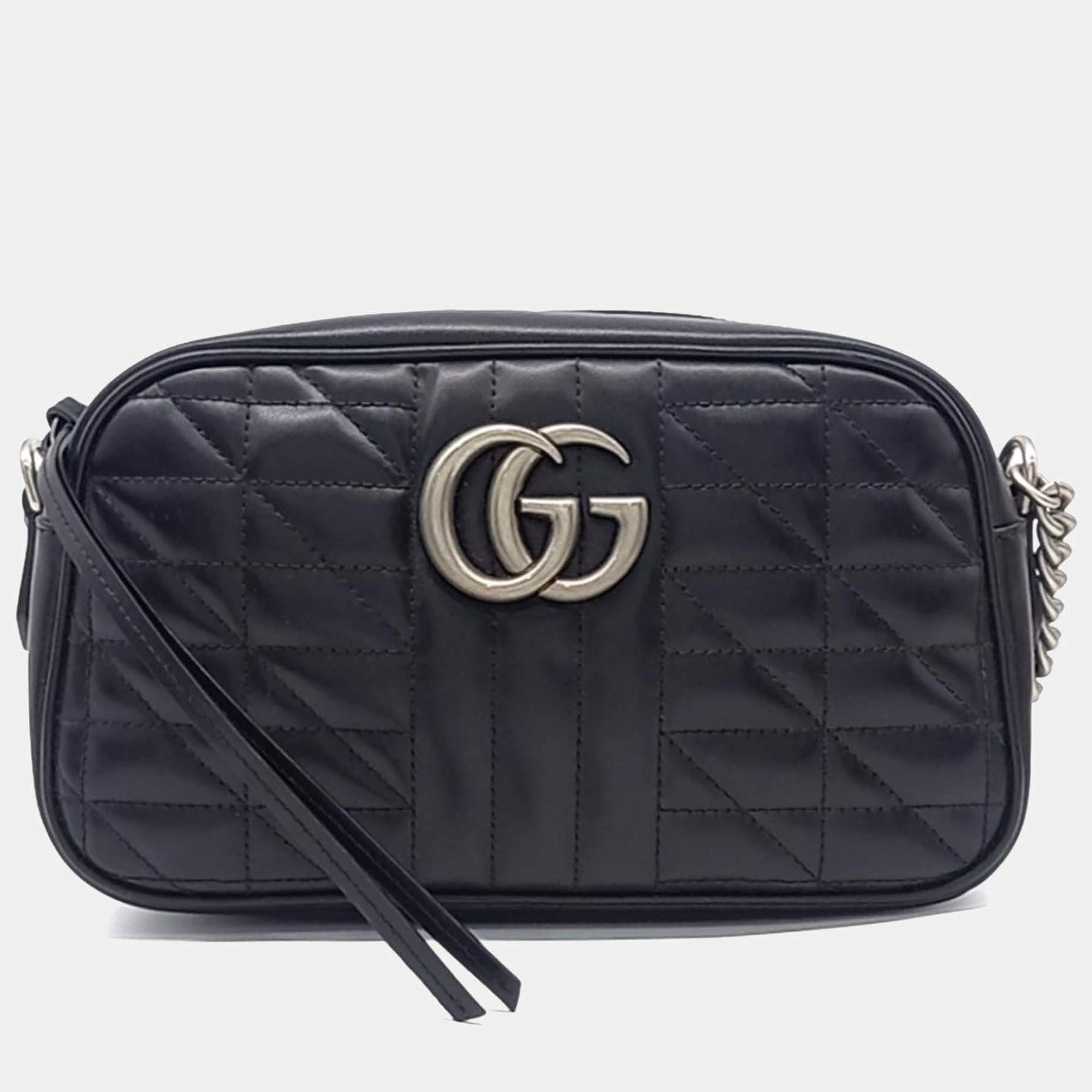 Pre Owned Gucci Black Leather Marmont Crossbody Bag