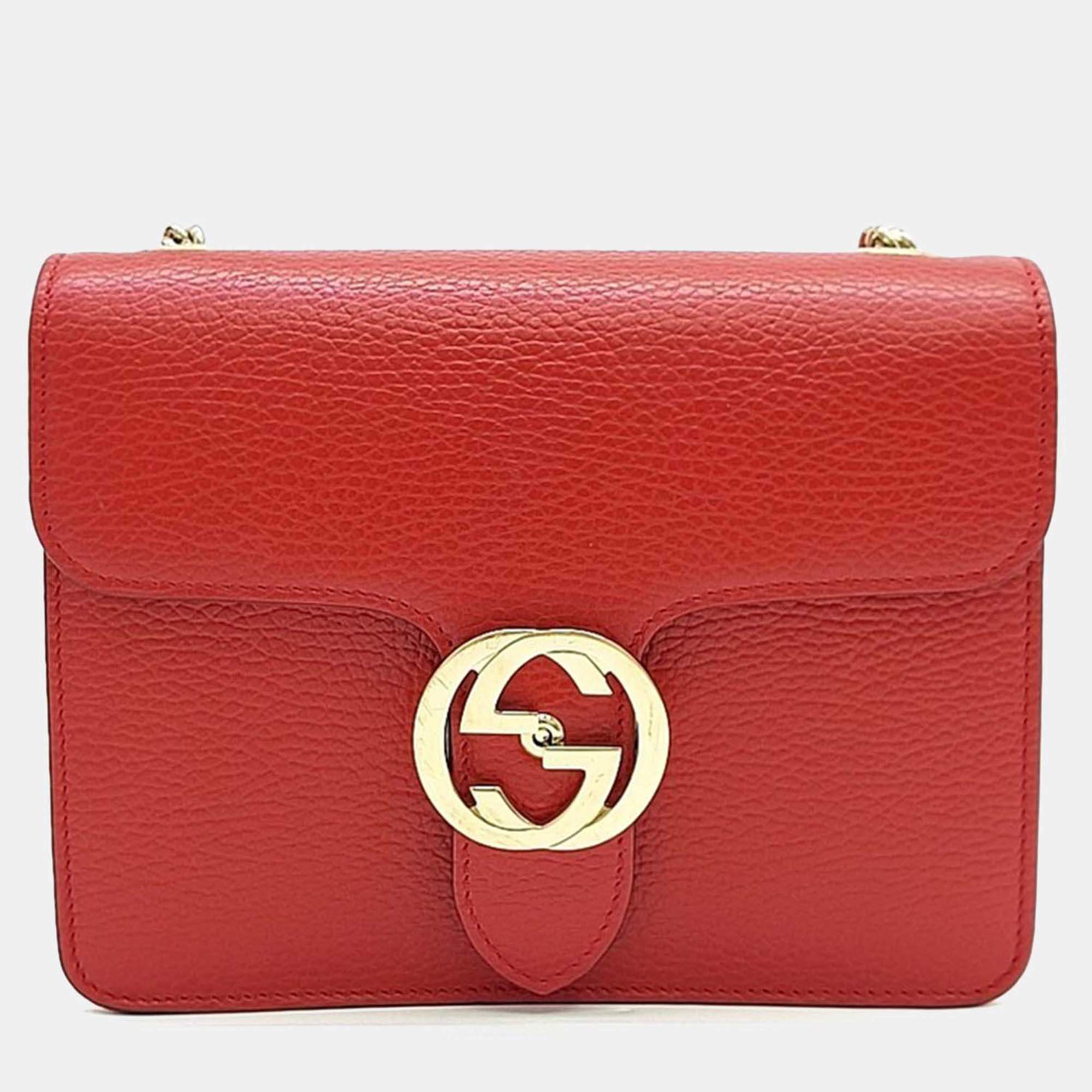 Pre Owned Gucci Red Leather Interlocking GG Crossbody Bag