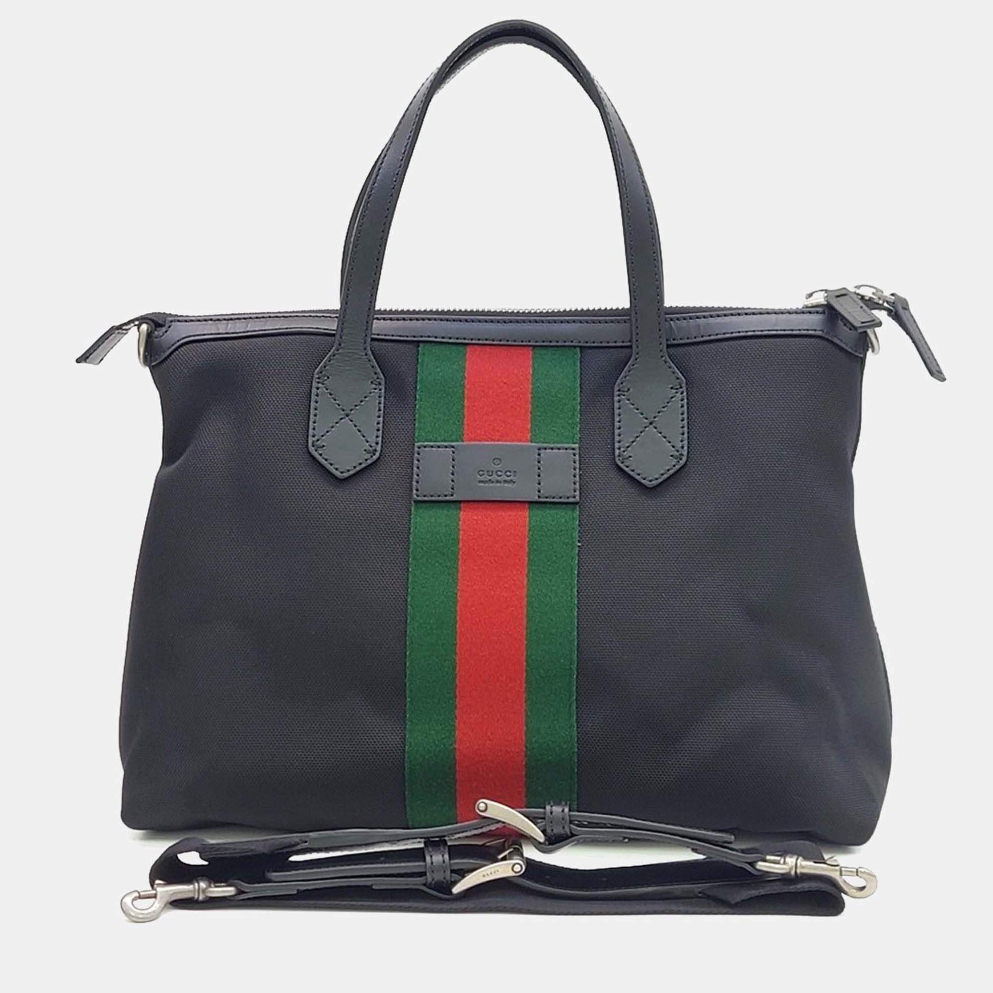 Pre Owned Gucci Black Leather Techno Web Canvas Tote and Shoulder Bag