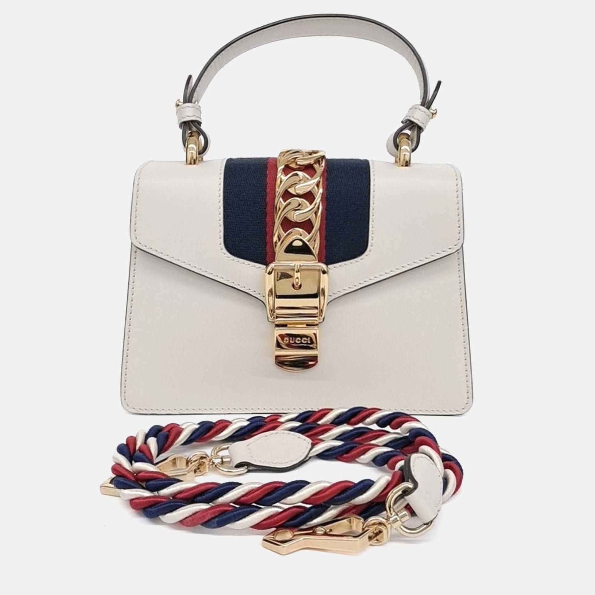 Pre Owned Gucci White Leather Sylvie Mini Tote and Crossbody Bag