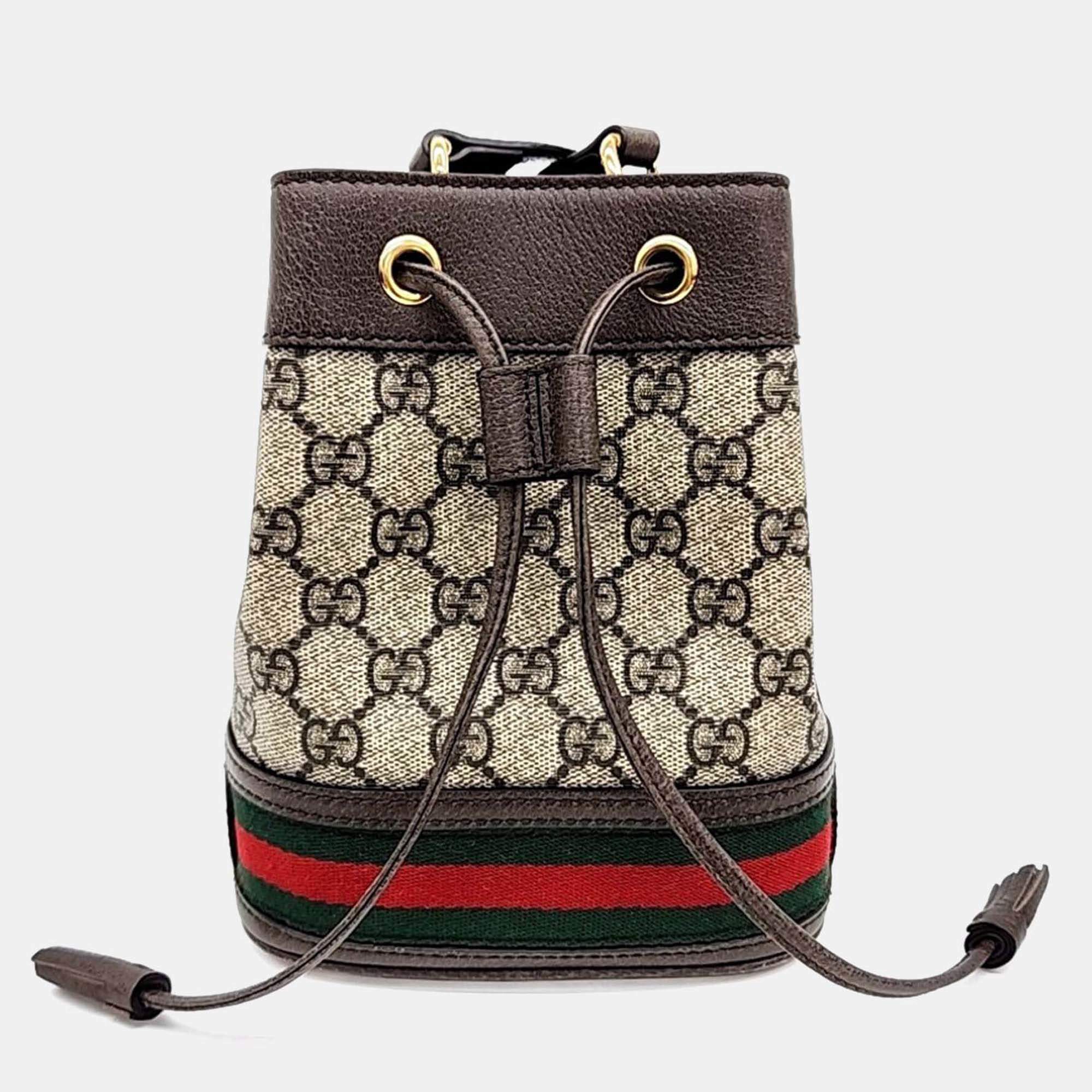 Pre Owned Gucci Brown Coated Canvas Ophidia Mini Bucket Bag