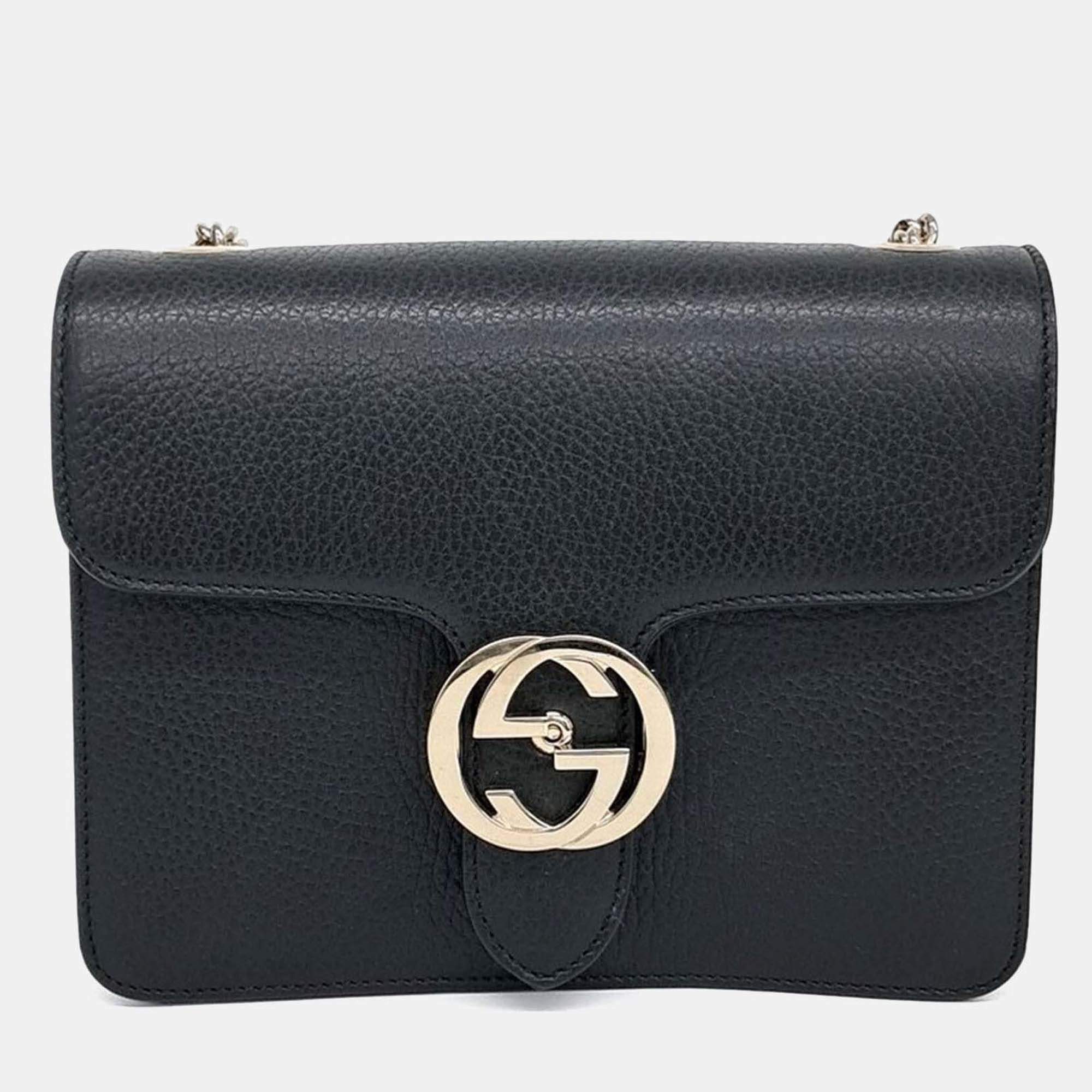 Pre Owned Gucci Black Leather Interlocking GG Crossbody Bag