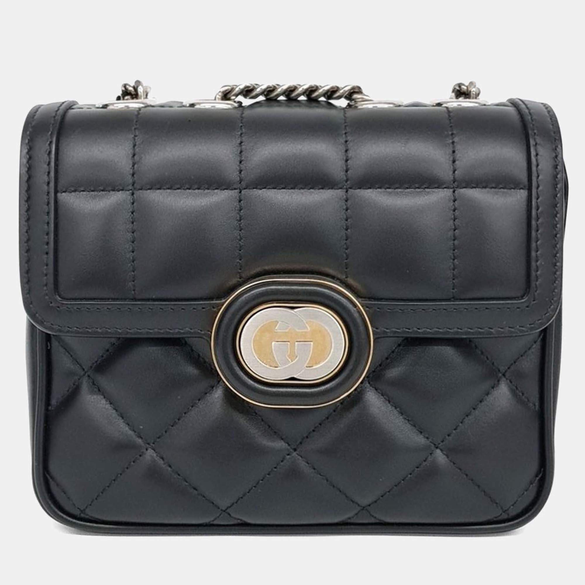 Pre Owned Gucci Black Leather Deco Mini Shoulder Bag