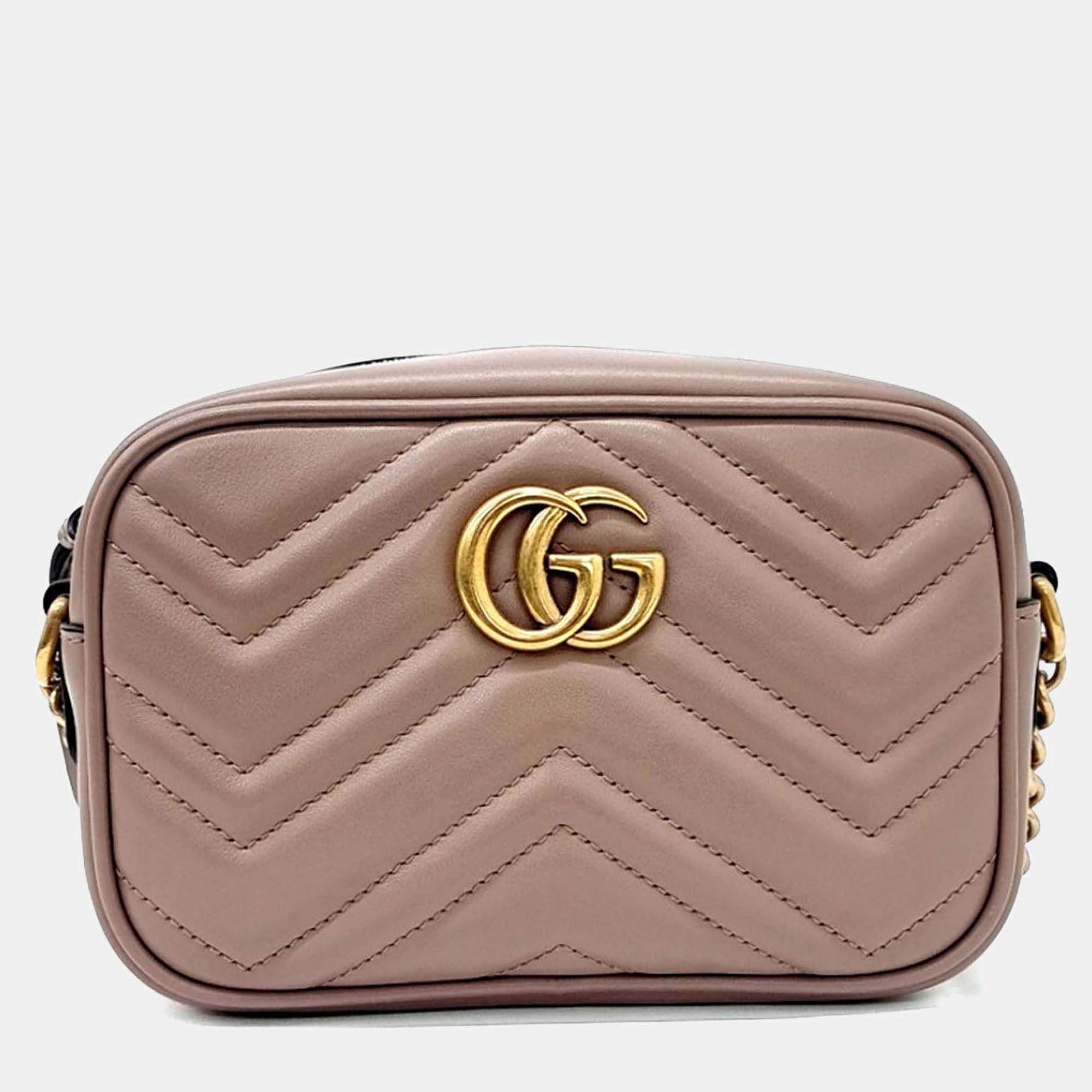 Pre Owned Gucci Pink Leather Marmont Matelasse Mini Crossbody Bag