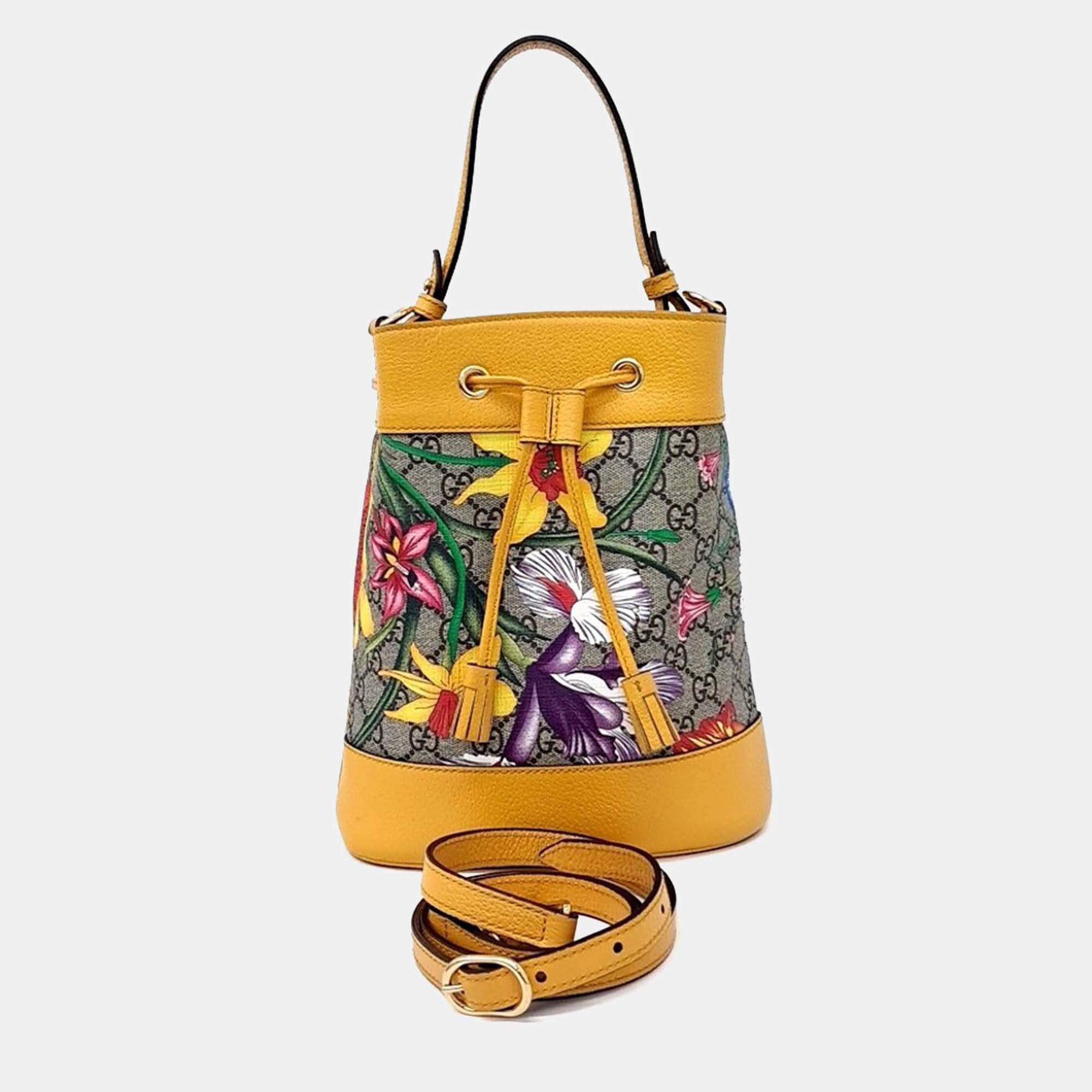 Pre Owned Gucci Multicolor Yellow Coated Canvas Ophidia Small Bucket Bag