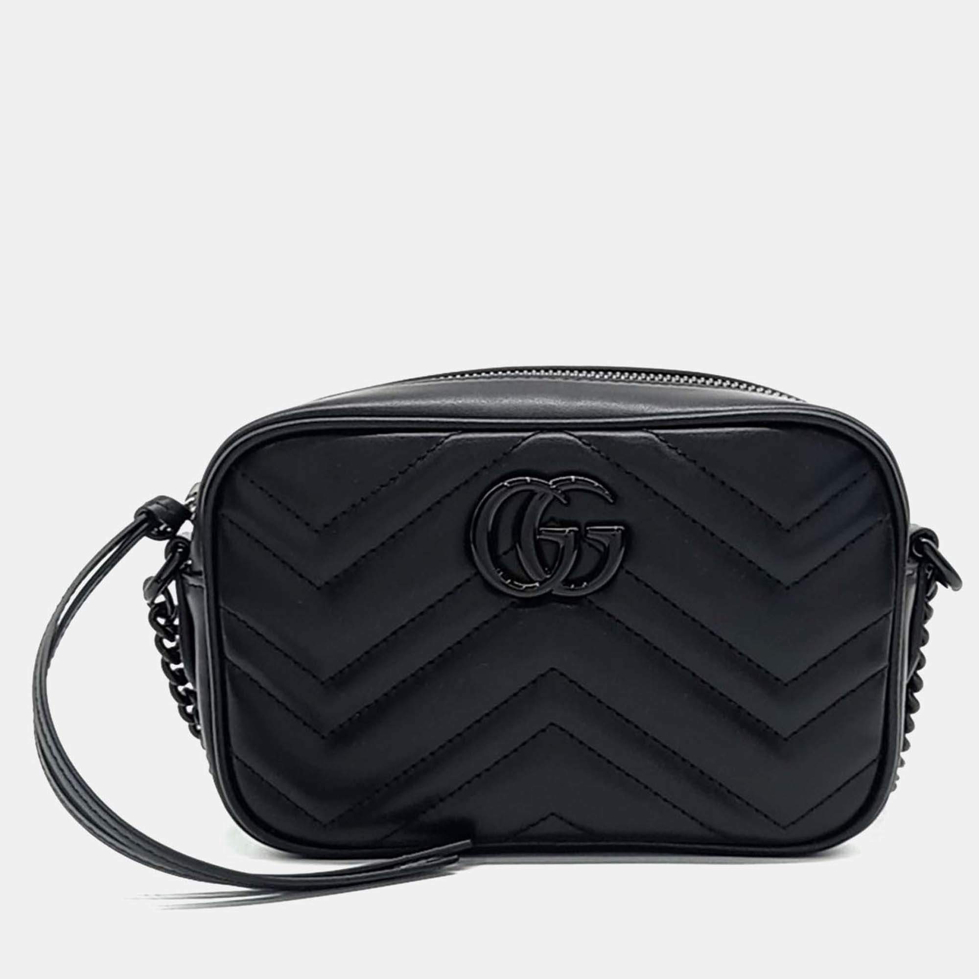 Pre Owned Gucci Black Leather Marmont Matelasse Mini Crossbody Bag