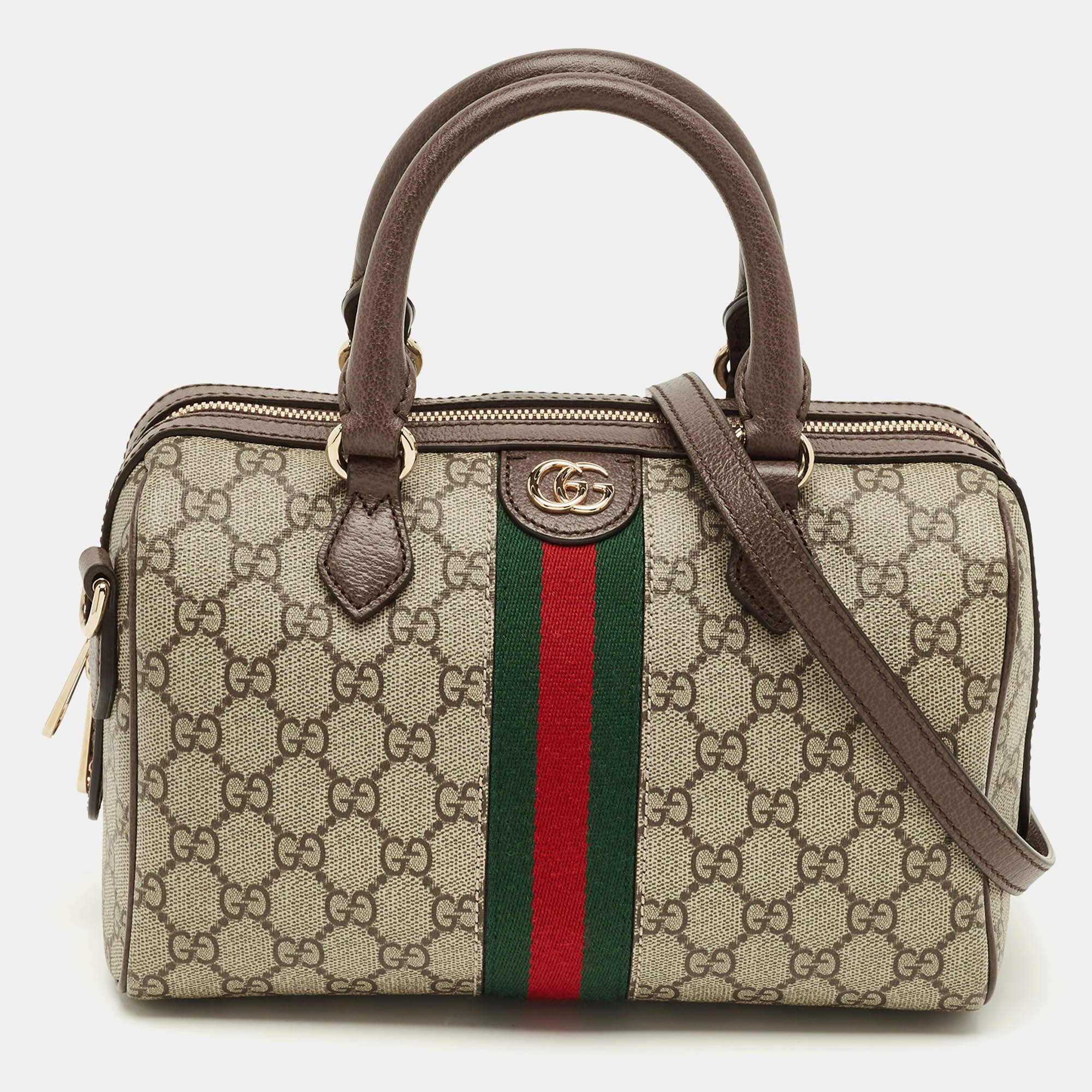 Pre Owned Gucci Beige GG Supreme Canvas and Leather Ophidia Boston Bag 