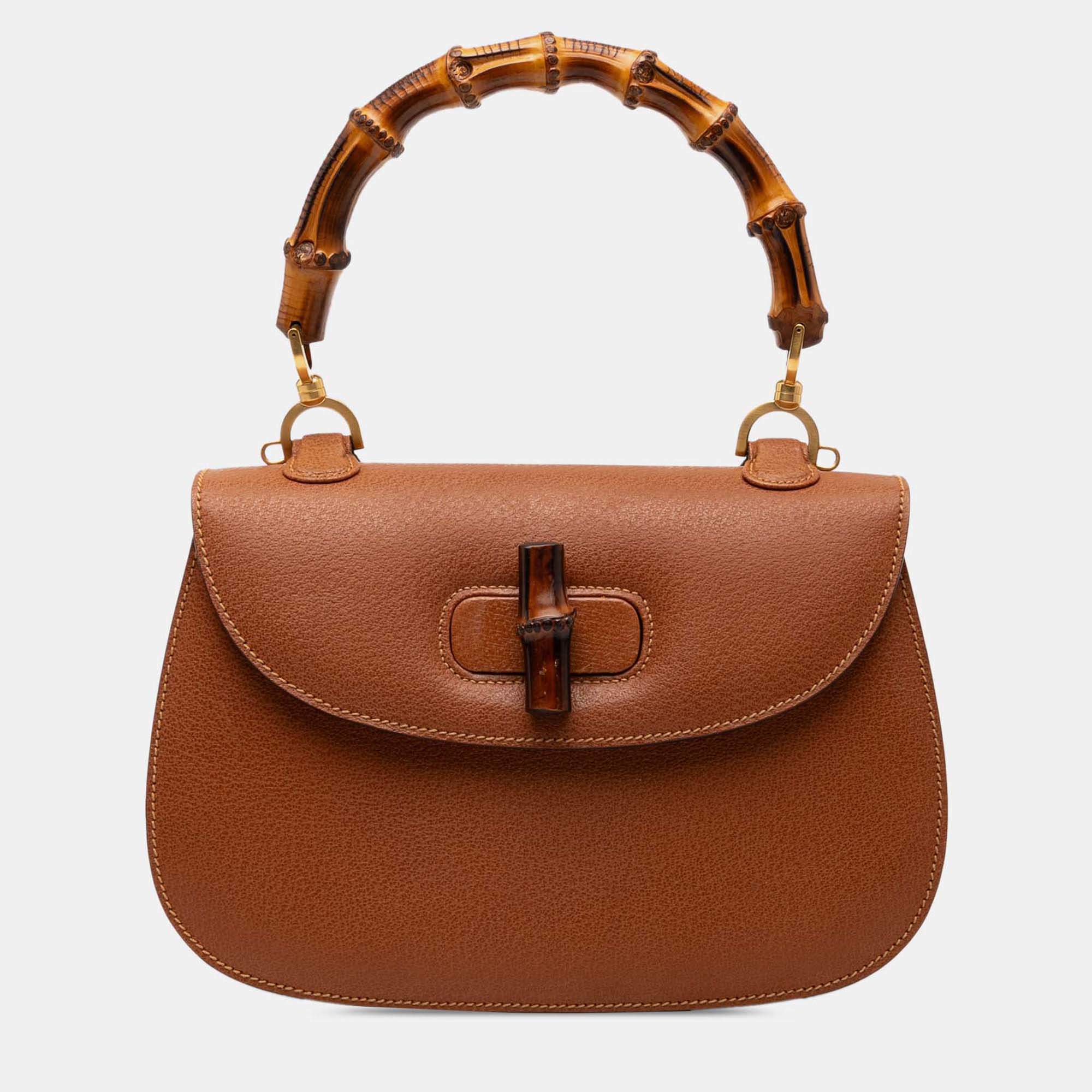 Pre Owned Gucci Brown Grained Calfskin Bamboo Night