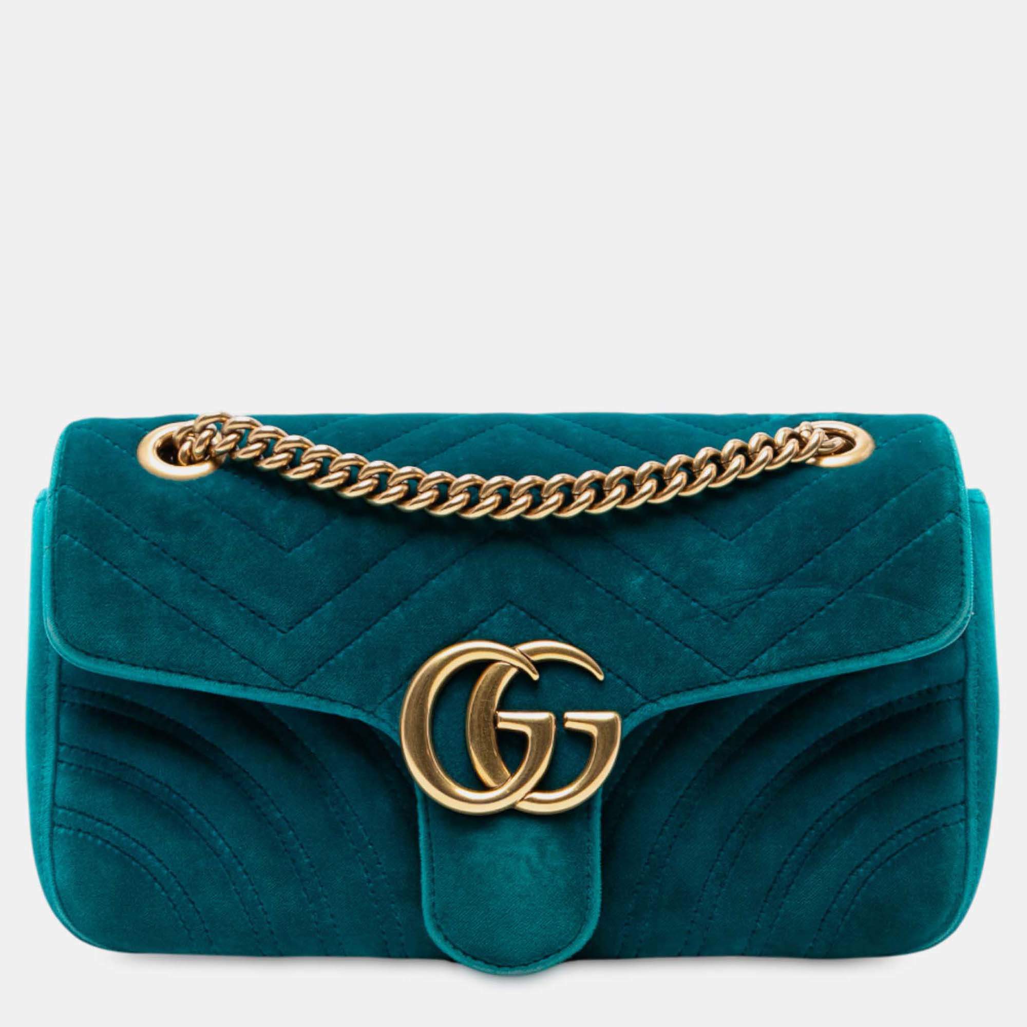 Pre Owned Gucci Medium GG Marmont Matelasse Velvet Shoulder Bag