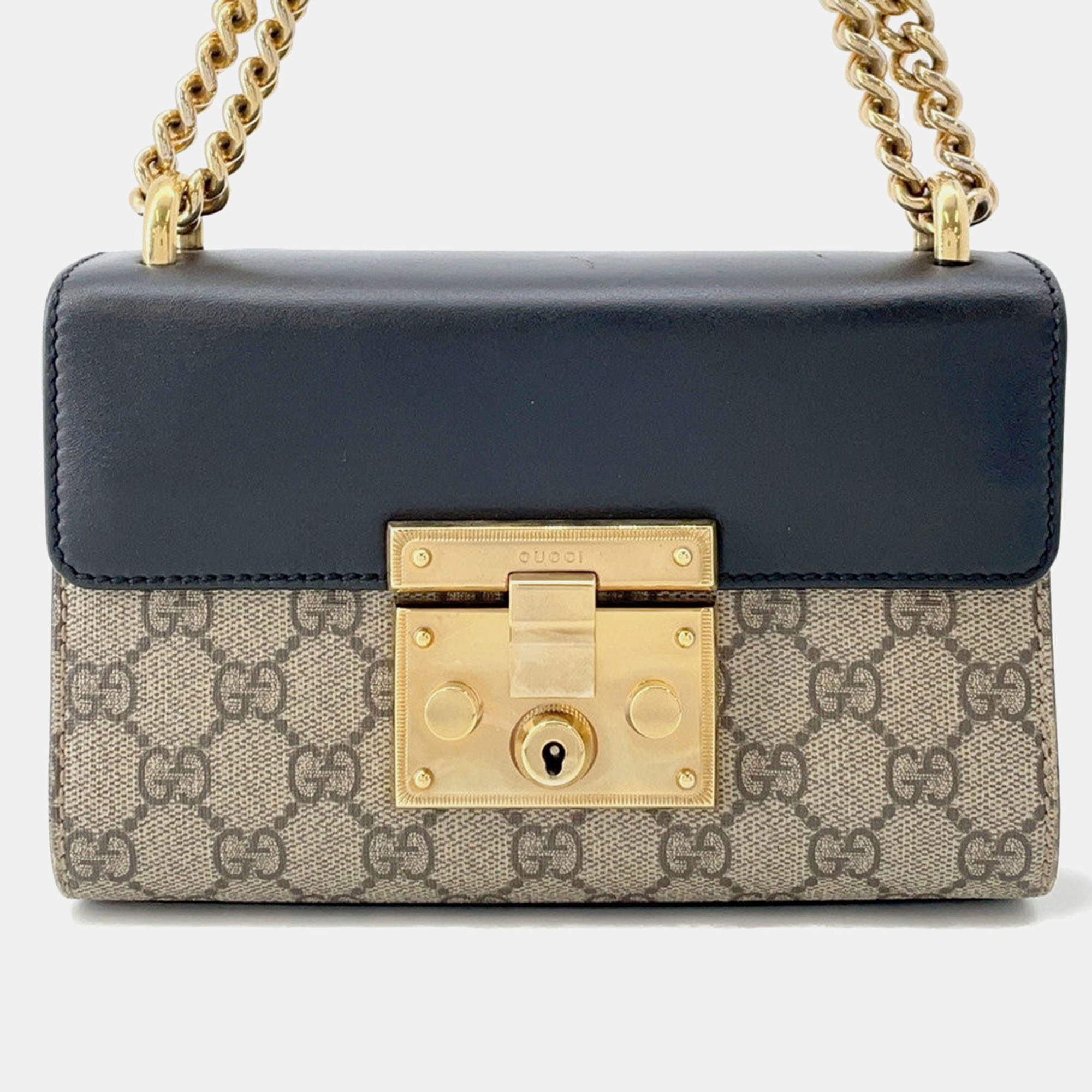 Pre Owned Gucci GG Supreme Padlock Chain shoulder Bag Beige/Black Gg Supreme Leather Size Small