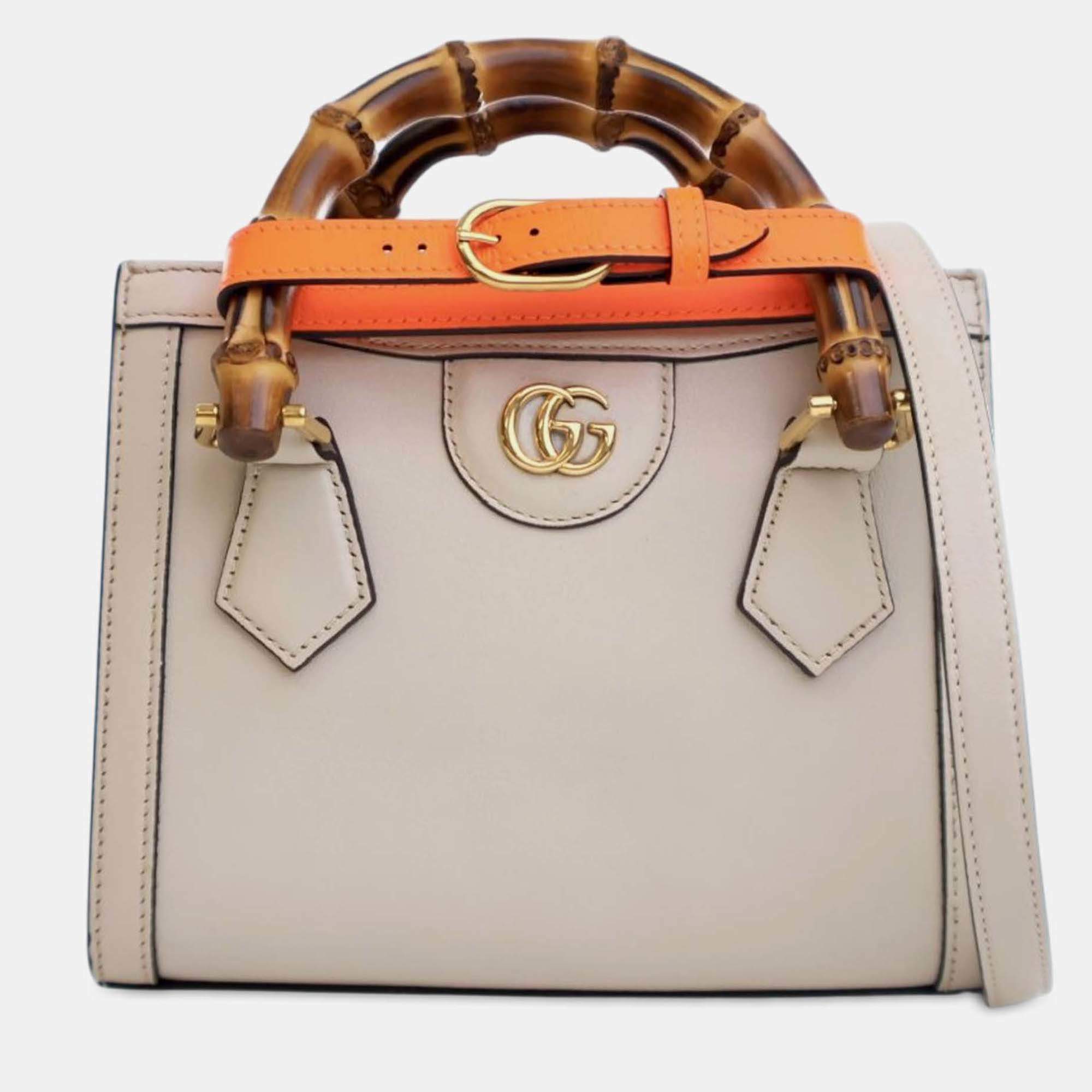 Pre Owned Gucci White Mini Calfskin Bamboo Diana Satchel