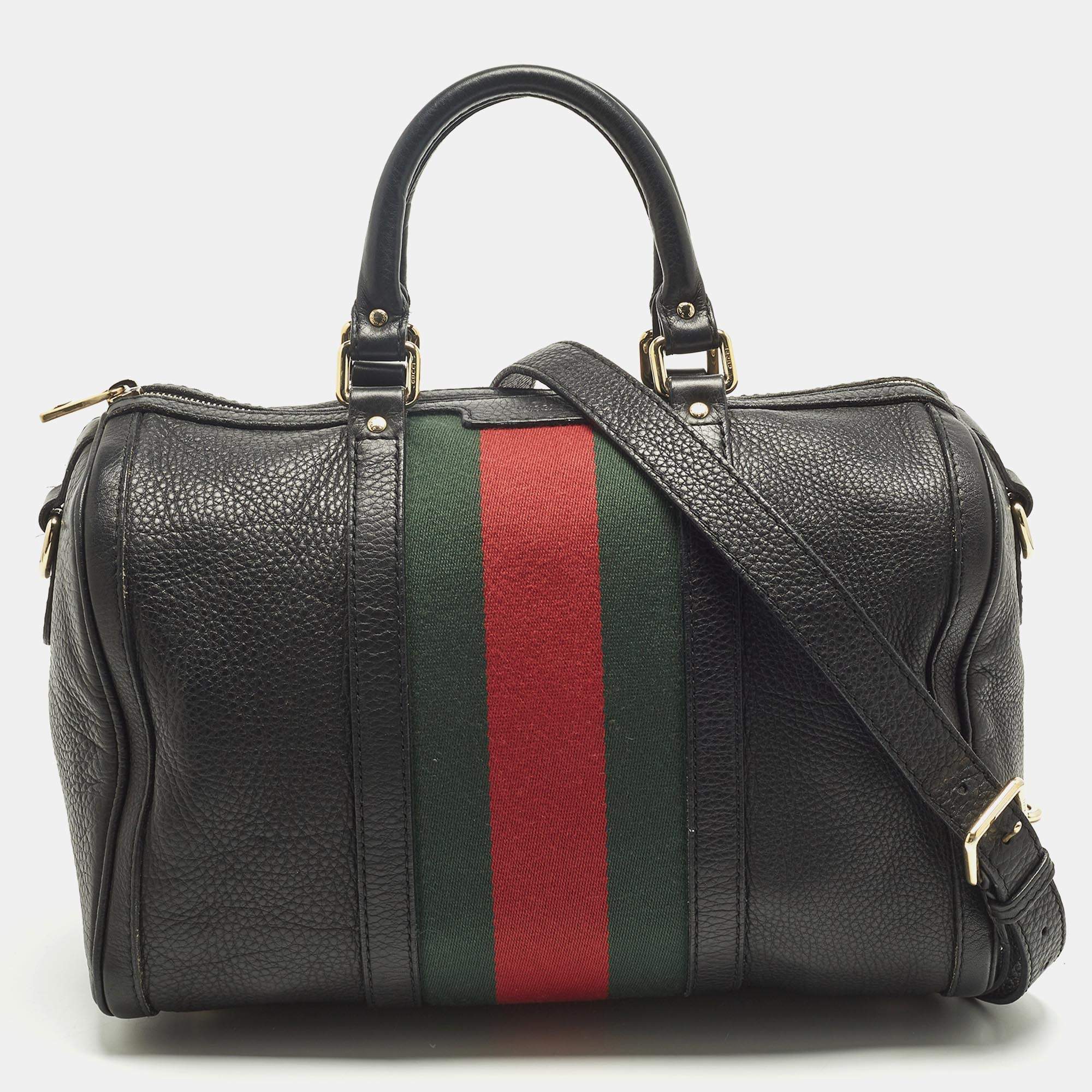 Pre Owned Gucci Web Medium Black Leather Boston Bag