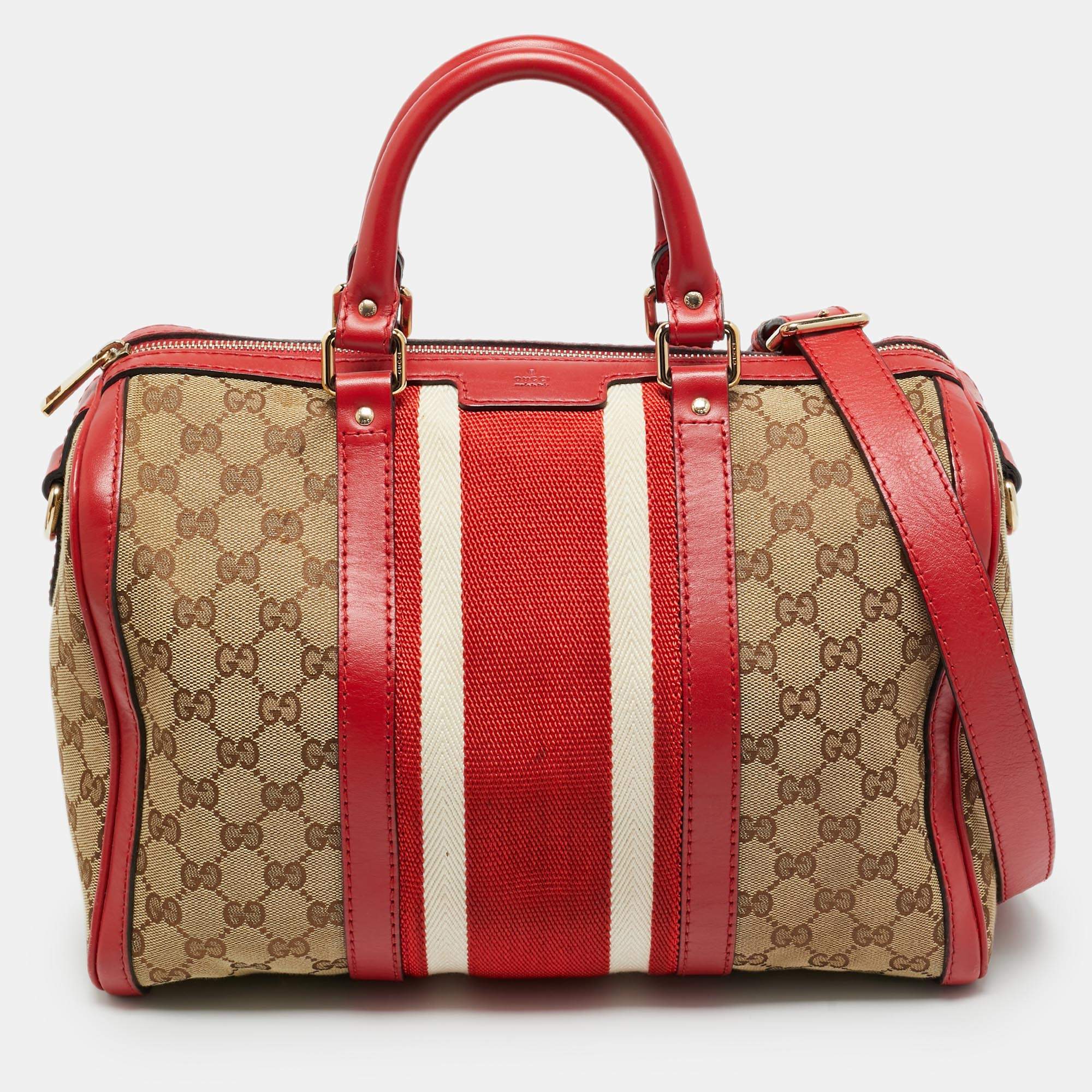Pre Owned Gucci Joy Medium Red GG Canvas and Leather Boston Bag
