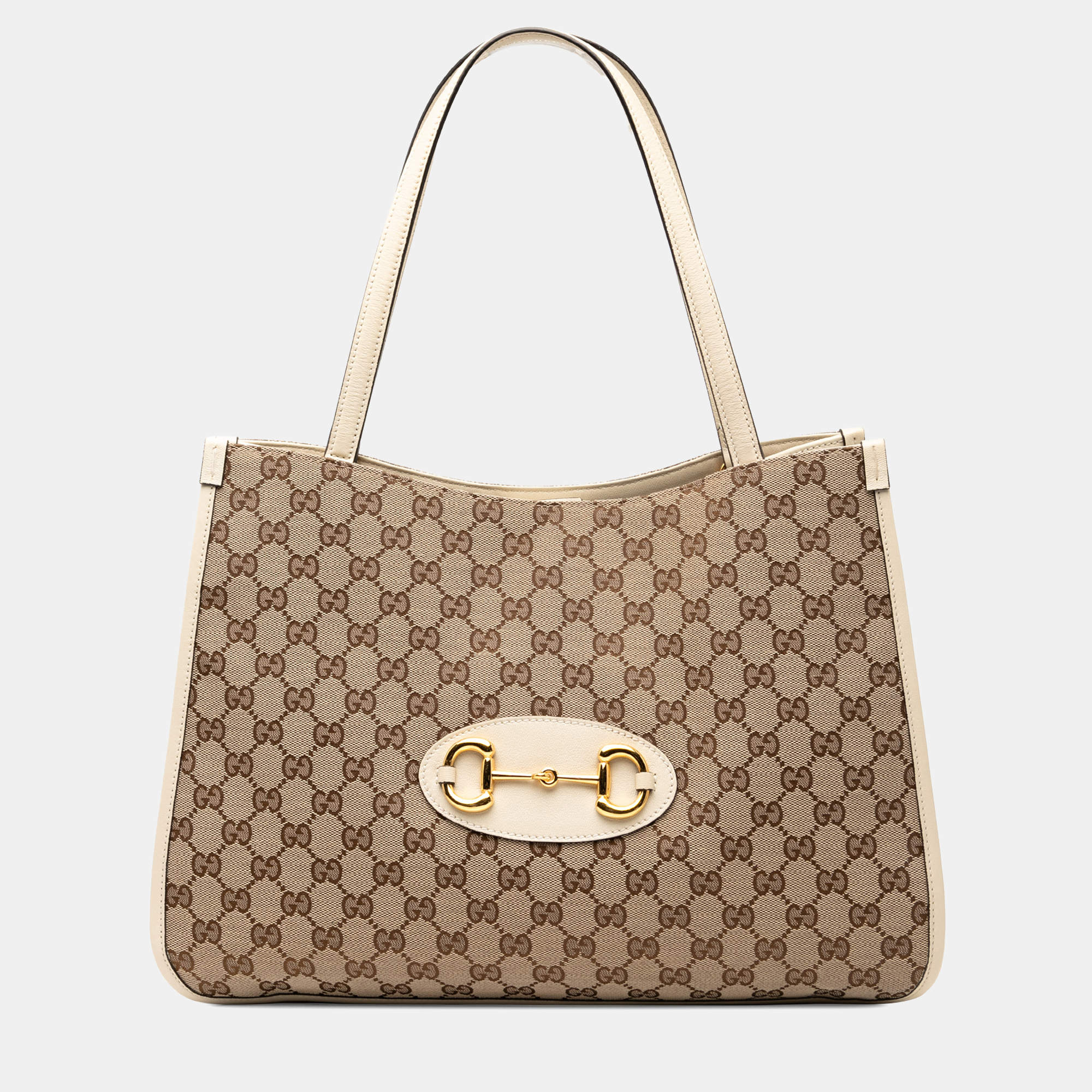 مملوكة مسبقًا Gucci Brown White Medium GG Canvas Horsebit 1955 Tote