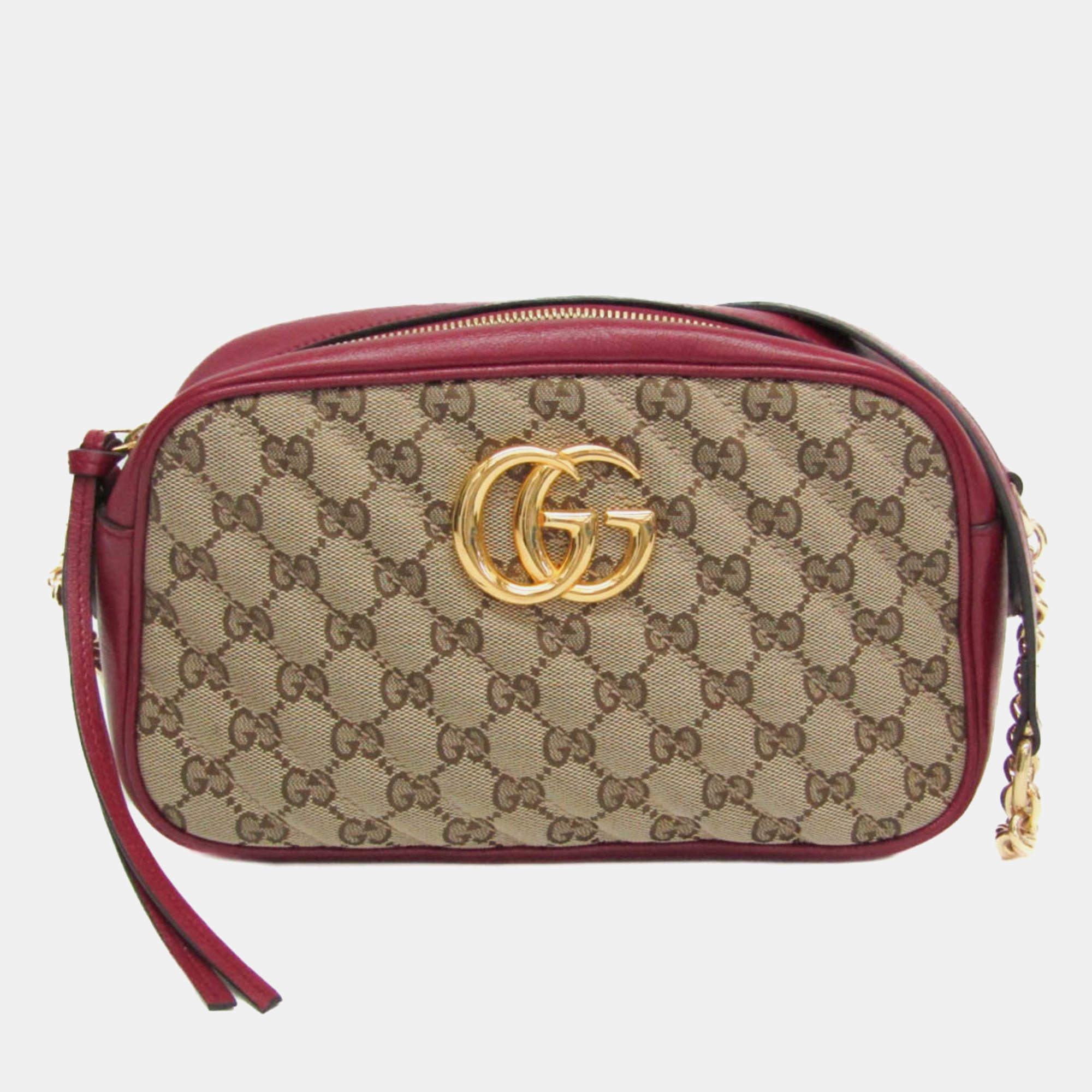 مملوكة مسبقًا Gucci Beige/Red Leather GG Canvas Marmont Small Camera Shoulder Bag