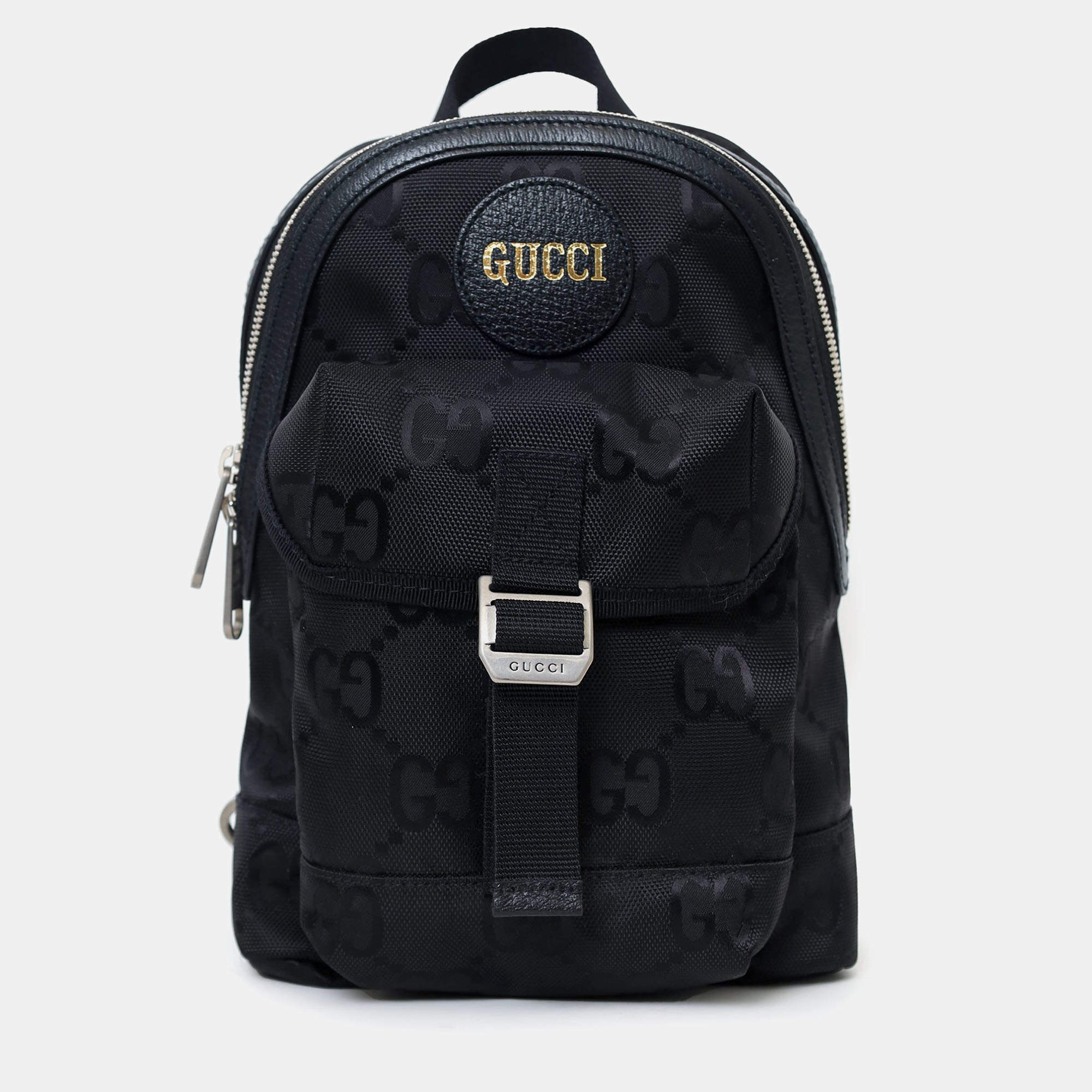 Pre Owned Gucci Black Jumbo GG Nylon Off the Grid Sling Backpack