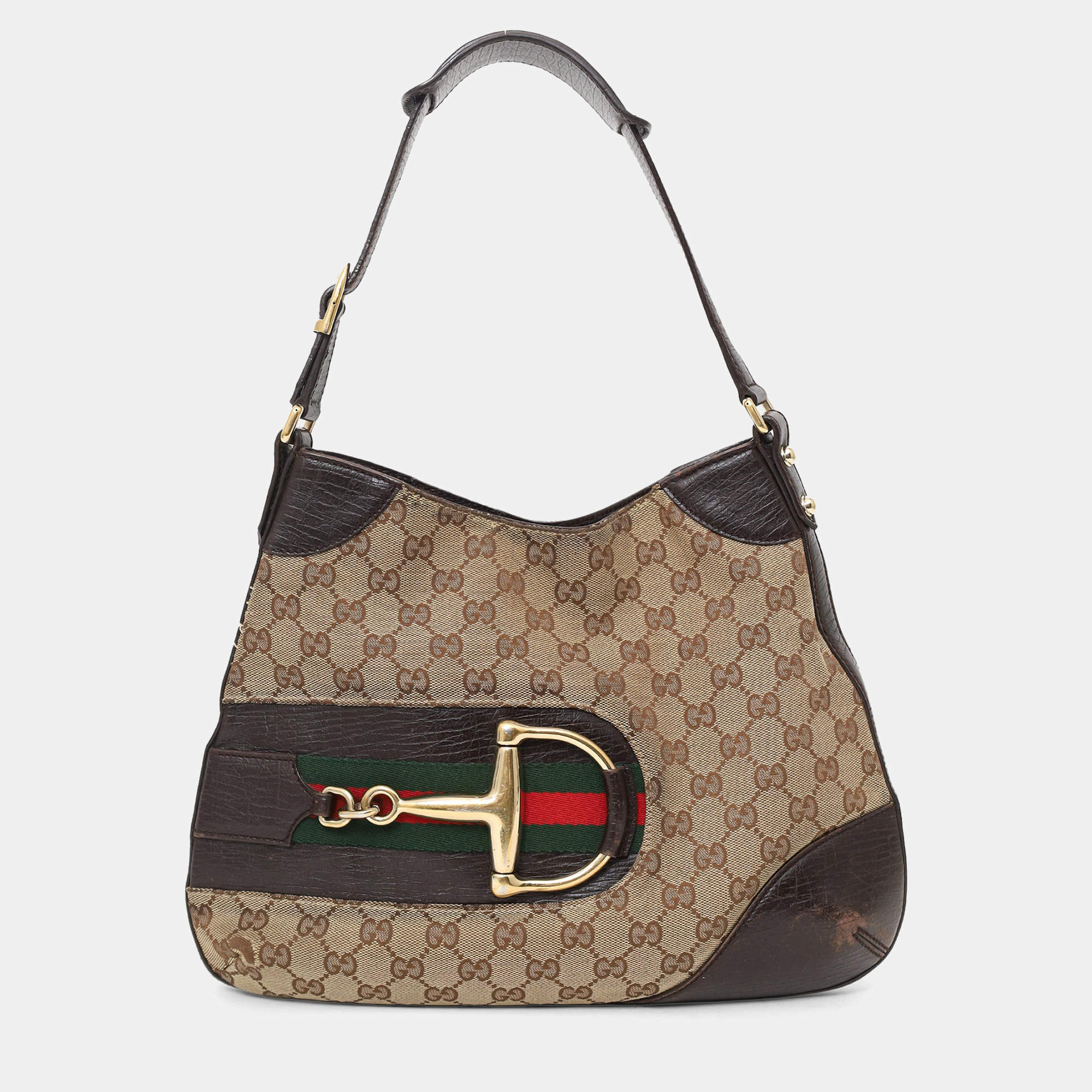 مملوكة مسبقًا Gucci brown 'GG' Web Horsebit Hobo Bag