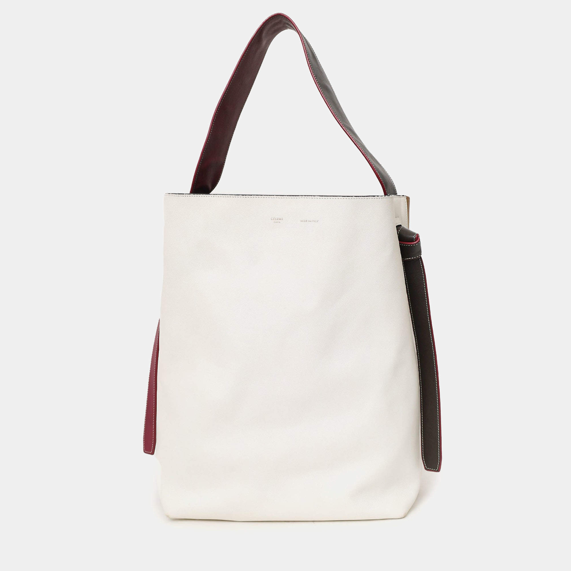 Pre Owned Celine Beige/White Leather Twisted Cabas Bag