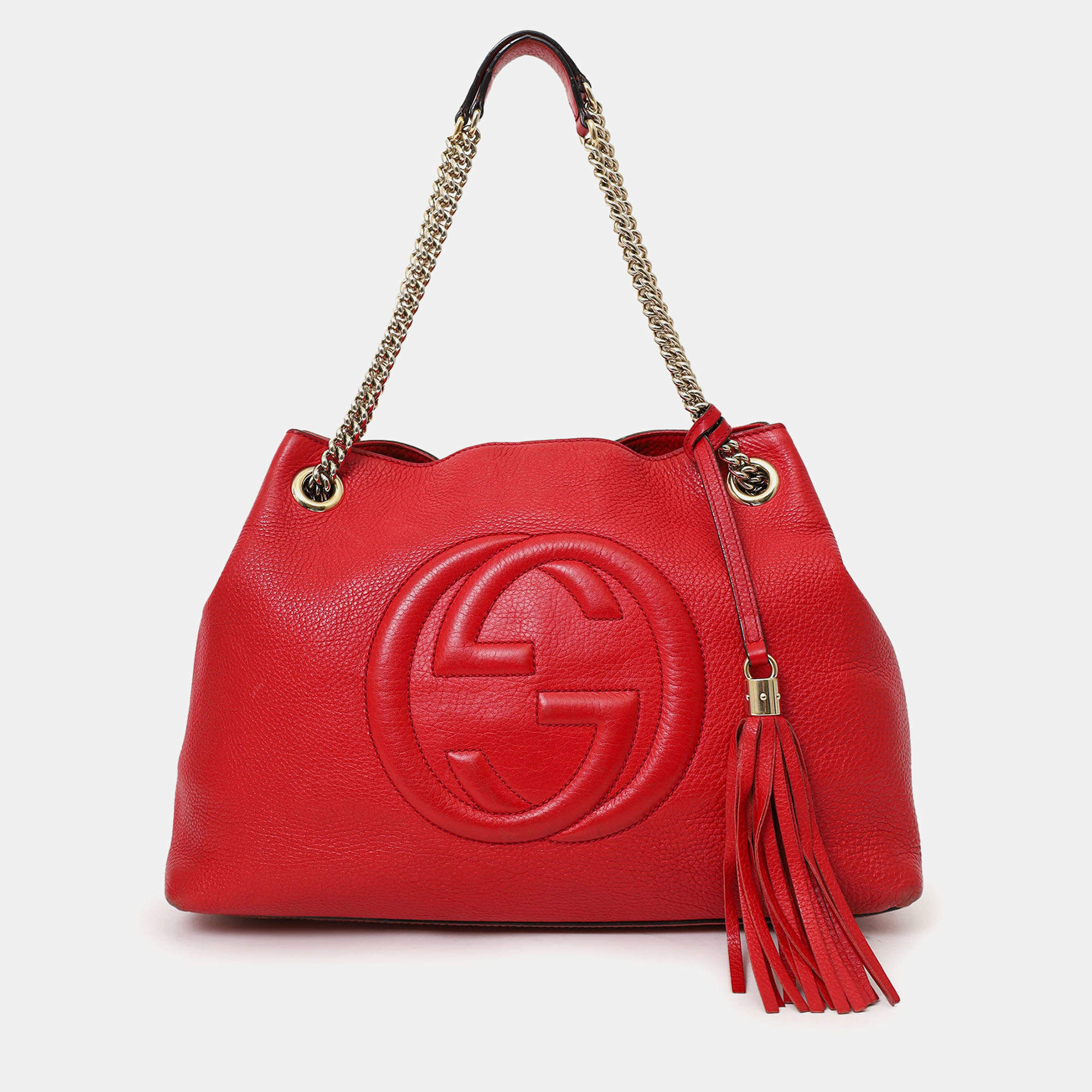 Pre Owned Gucci Red Leather 'Soho' Chain Tote Bag