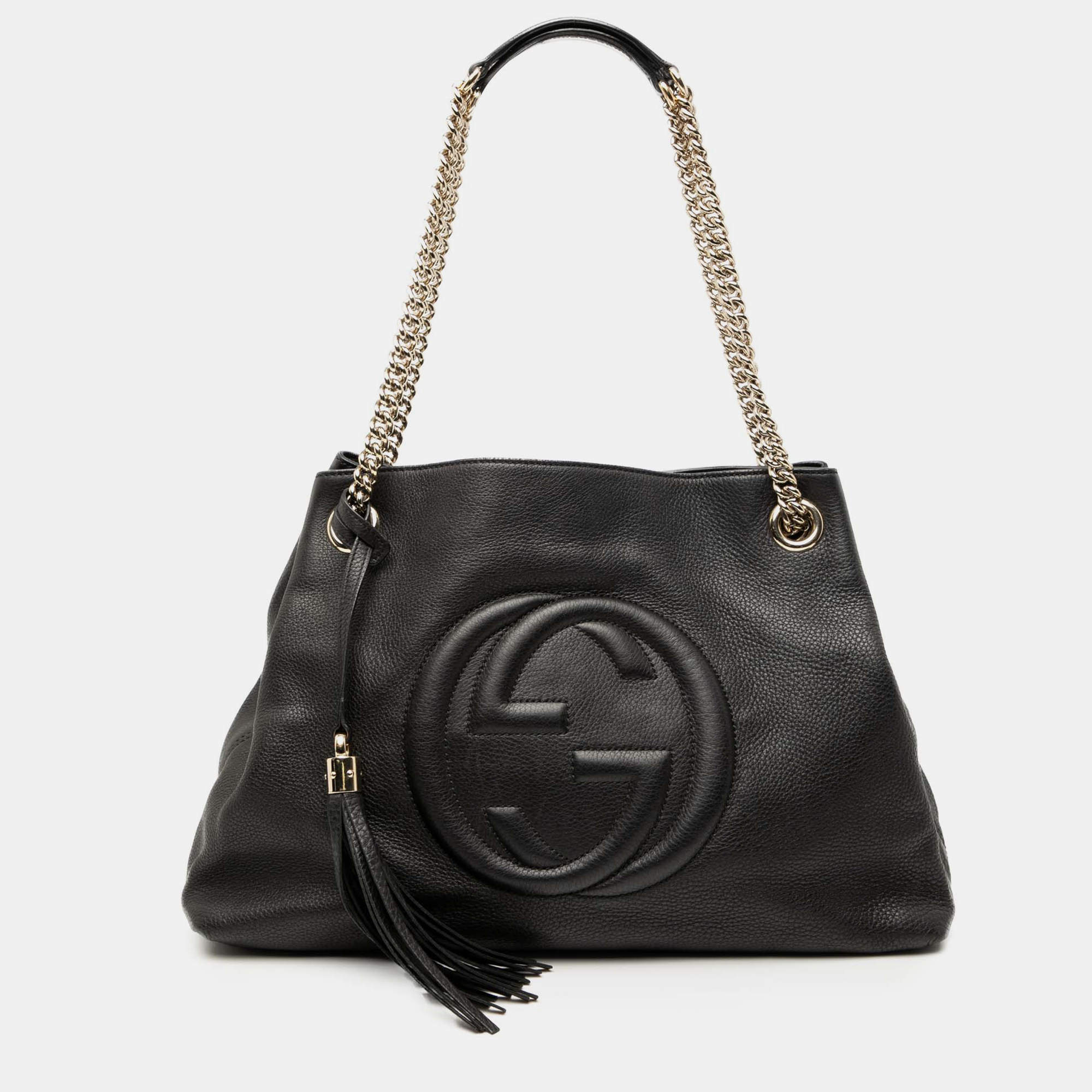 Pre Owned Gucci Black Medium Leather Soho Chain Tote