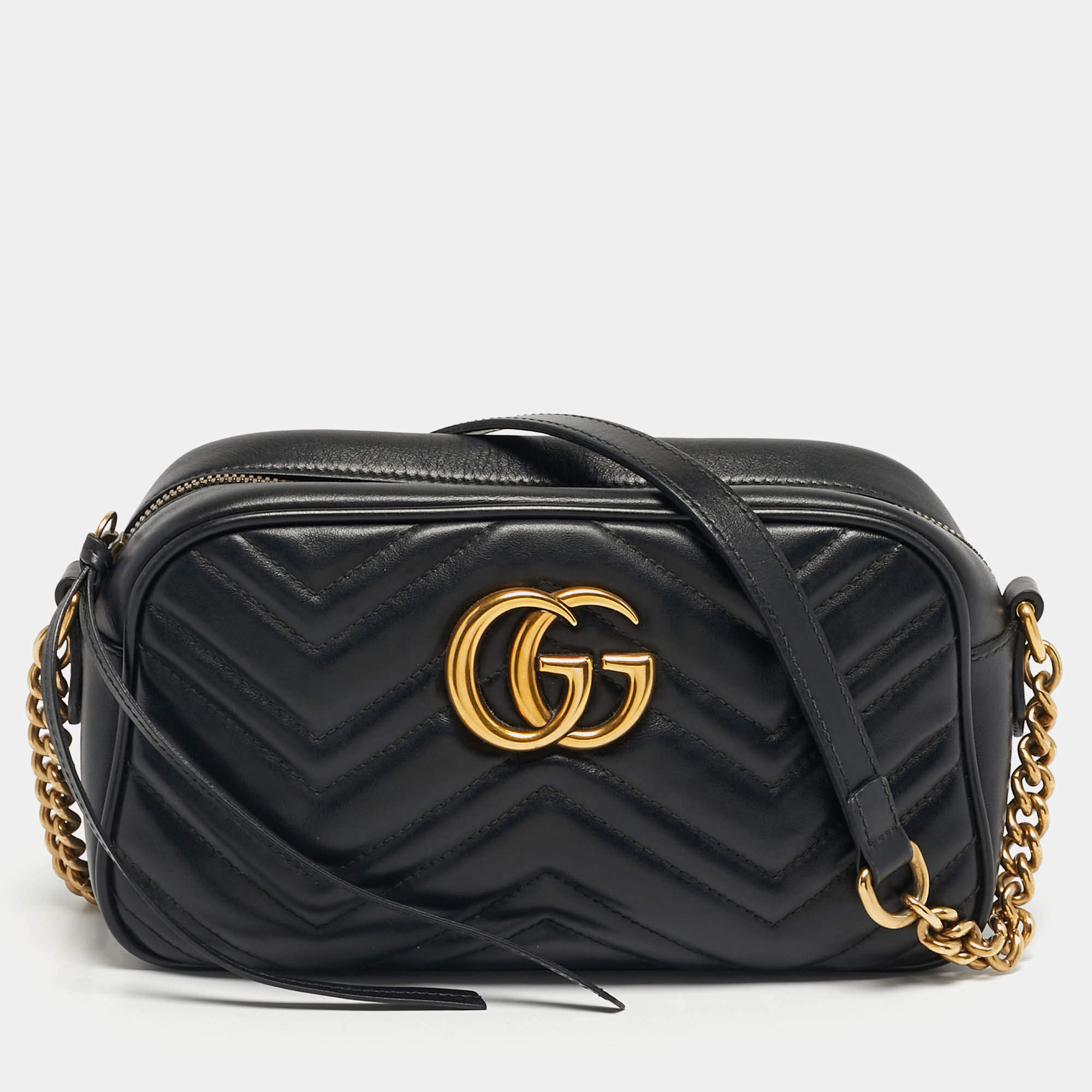 Pre Owned Gucci GG Marmont Small Black Matelassé Leather Crossbody Bag