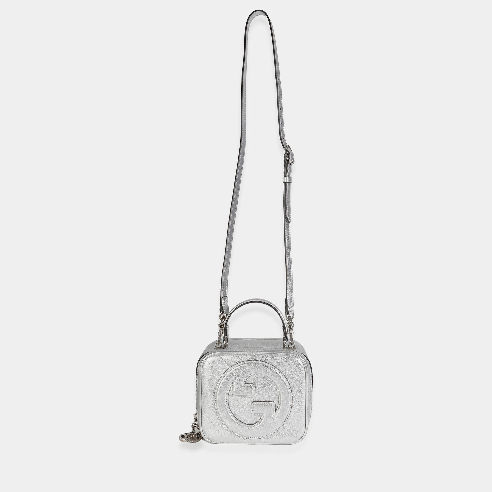 Pre Owned Gucci Silver Metallic Sakai Be Green Calfskin Diagonal Stitched Blondie Top Hand