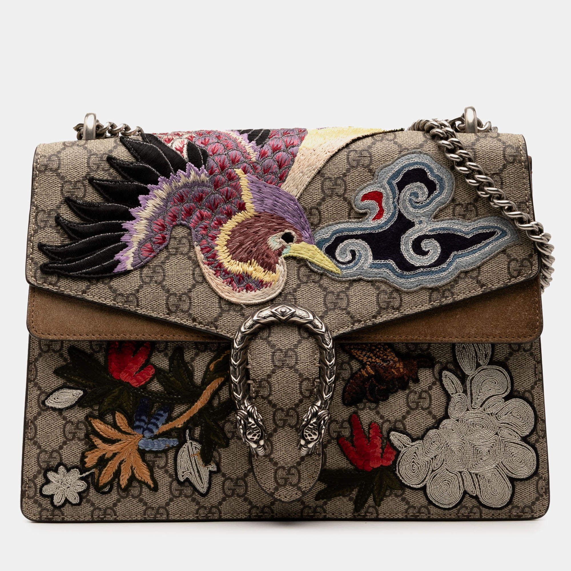 Pre Owned Gucci Brown Medium GG Supreme Embroidered Bird and Flowers Dionysus Shoulder Bag