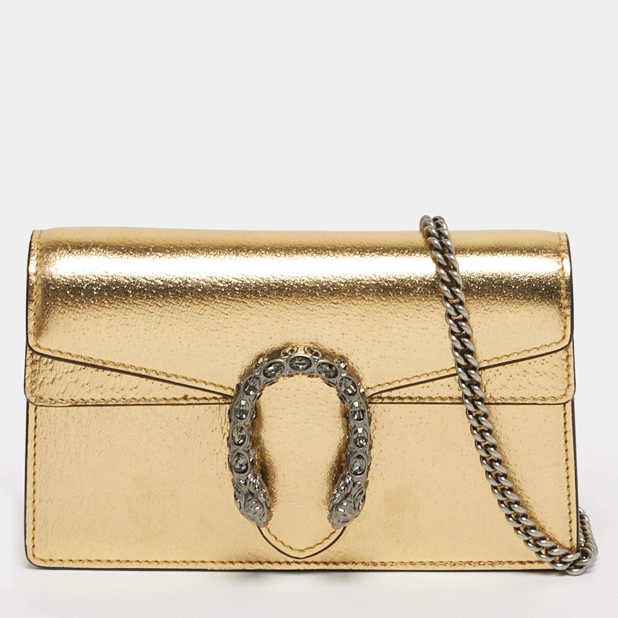 Pre Owned Gucci Crystal Dionysus Super Mini Gold Leather Shoulder Bag