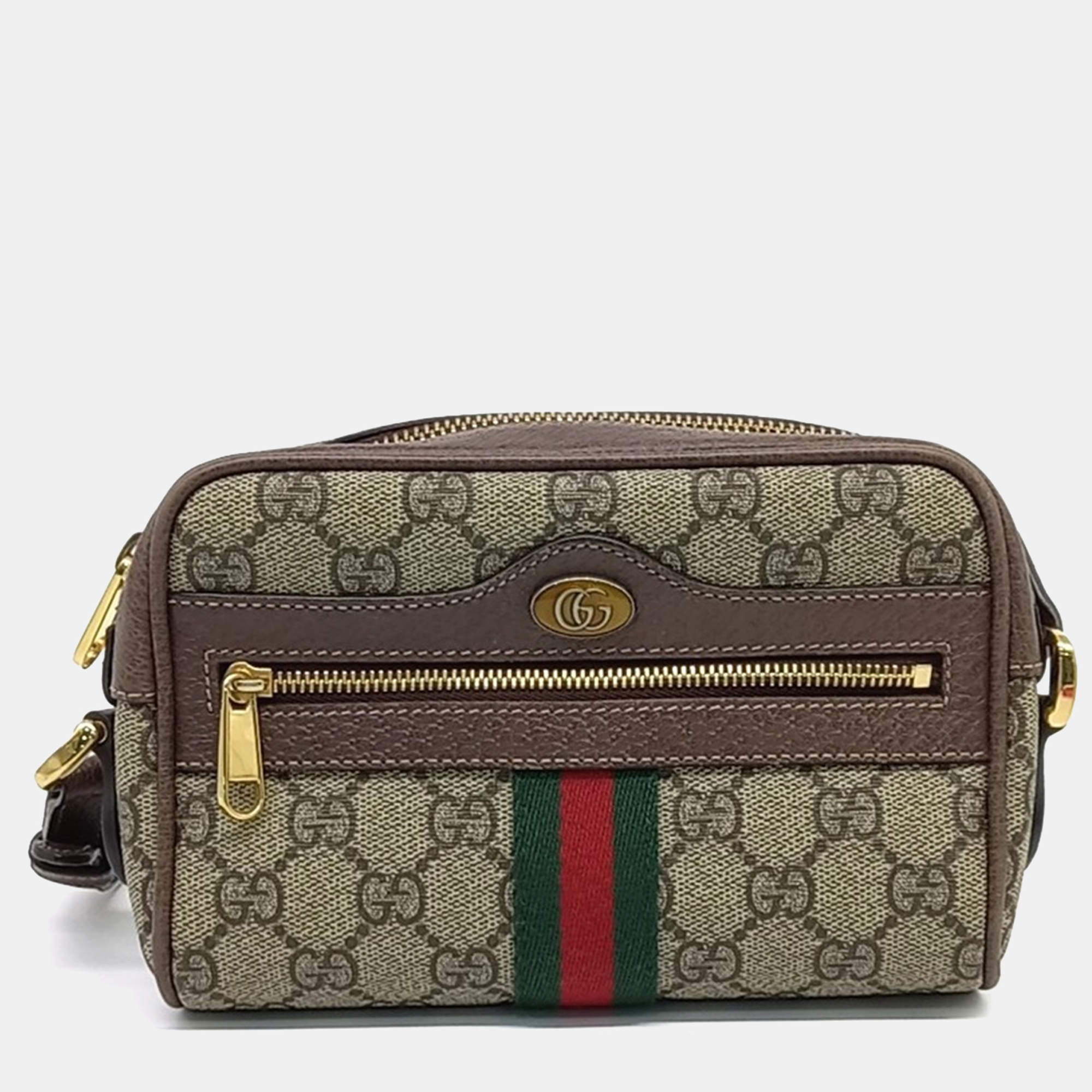 مملوكة مسبقًا Gucci Beige Brown PVC Ophidia Supreme Mini Crossbody Bag