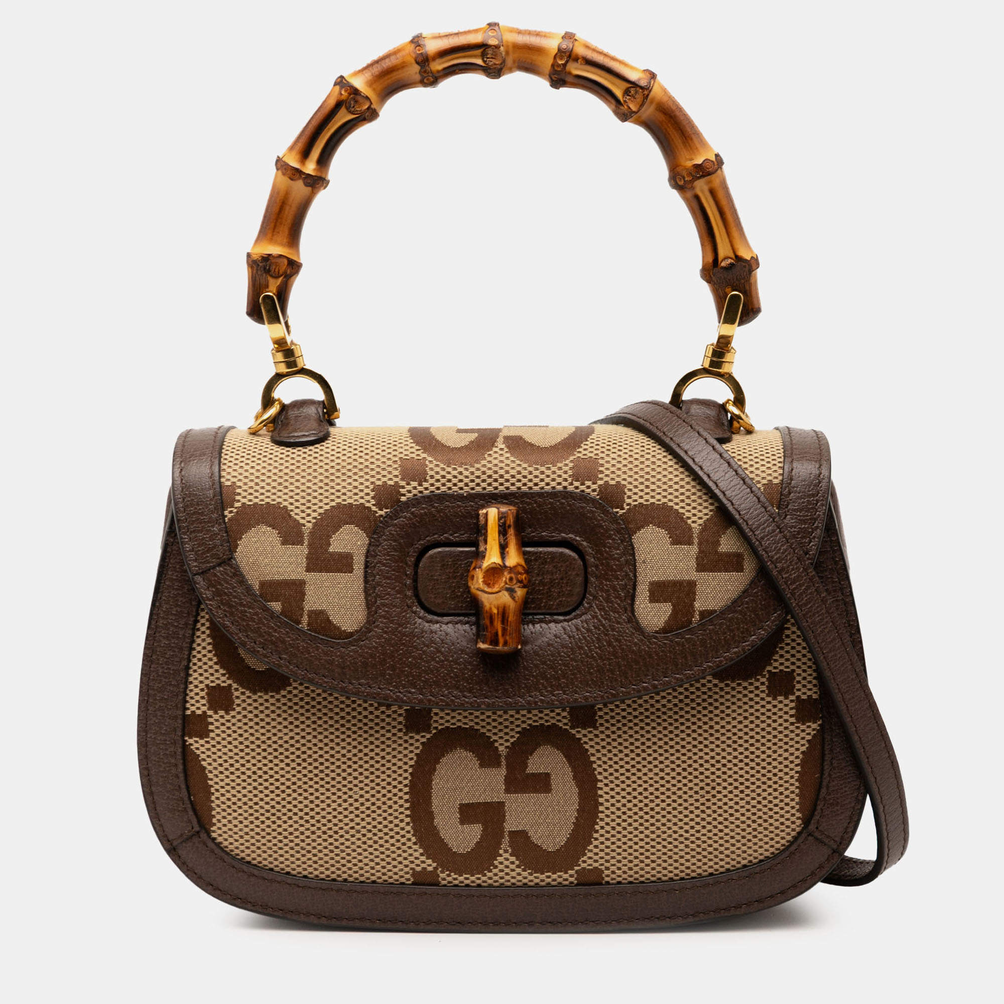 مملوكة مسبقًا Gucci Brown Small Jumbo GG Canvas Bamboo 1947 Top Handle Bag
