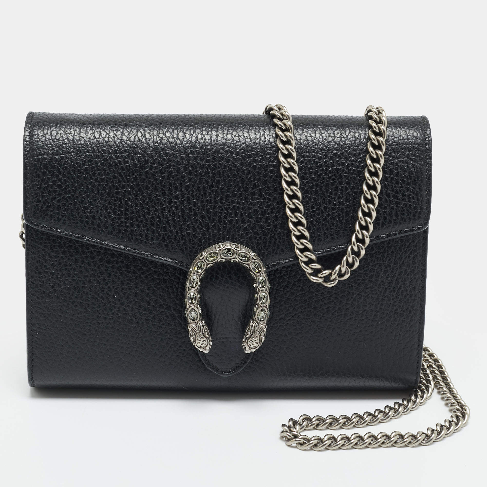 مملوكة مسبقًا Gucci Crystal Dionysus Black Leather Wallet On Chain