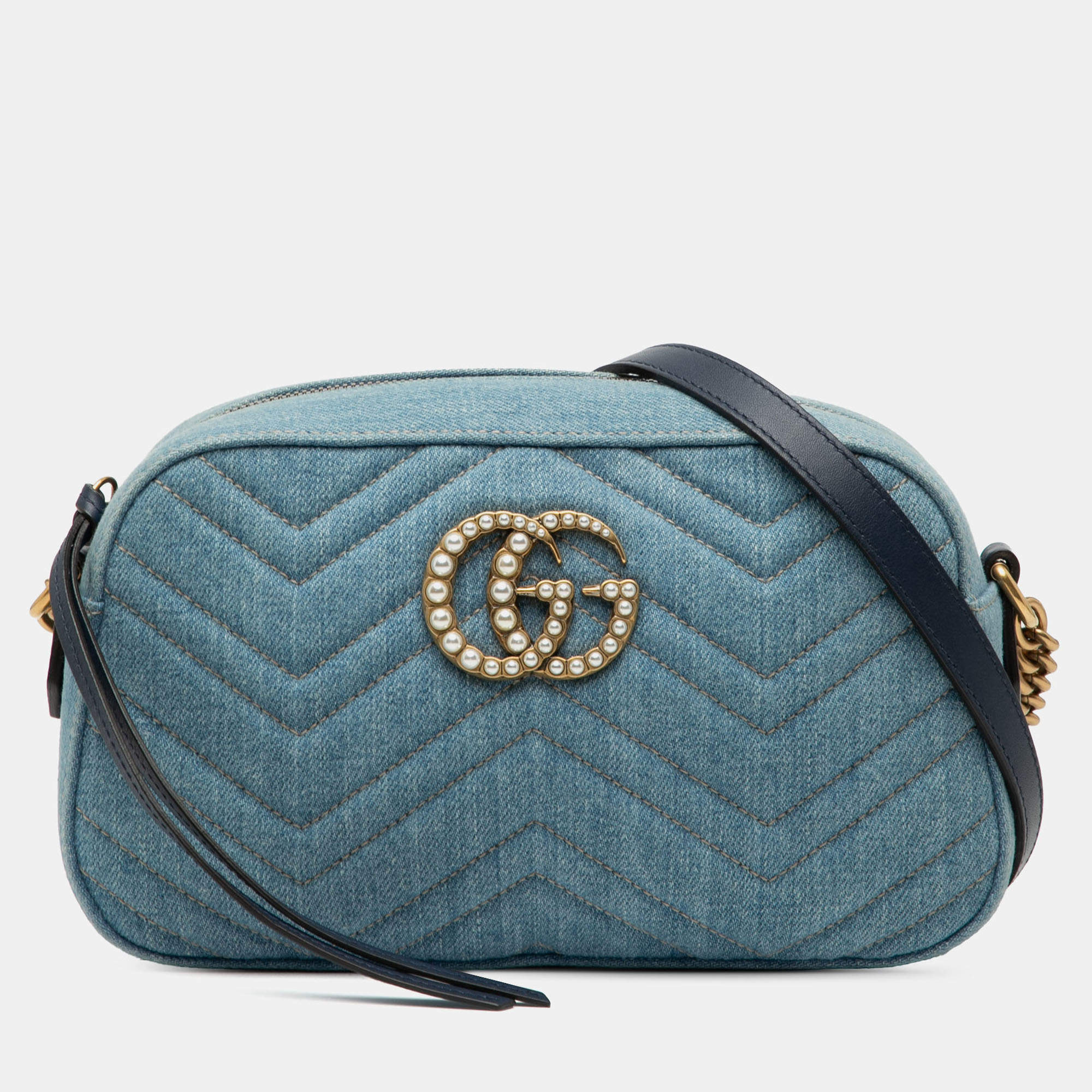 Pre Owned Gucci Blue Small GG Marmont Matelasse Denim Pearly Crossbody