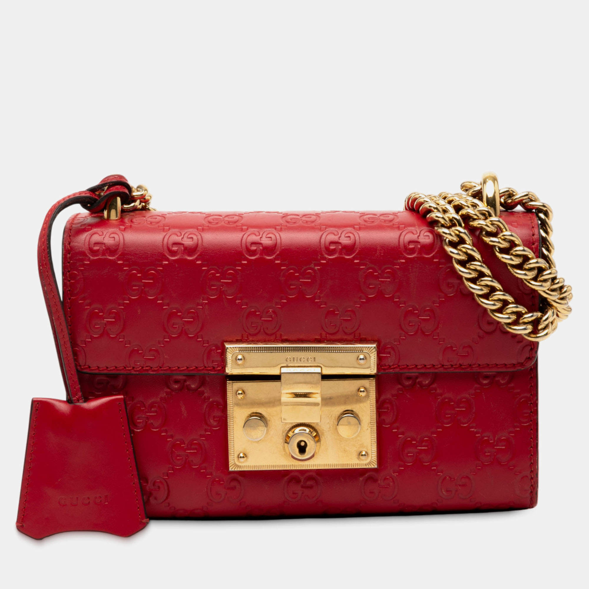 Pre Owned Gucci Red Small Guccissima Padlock Crossbody
