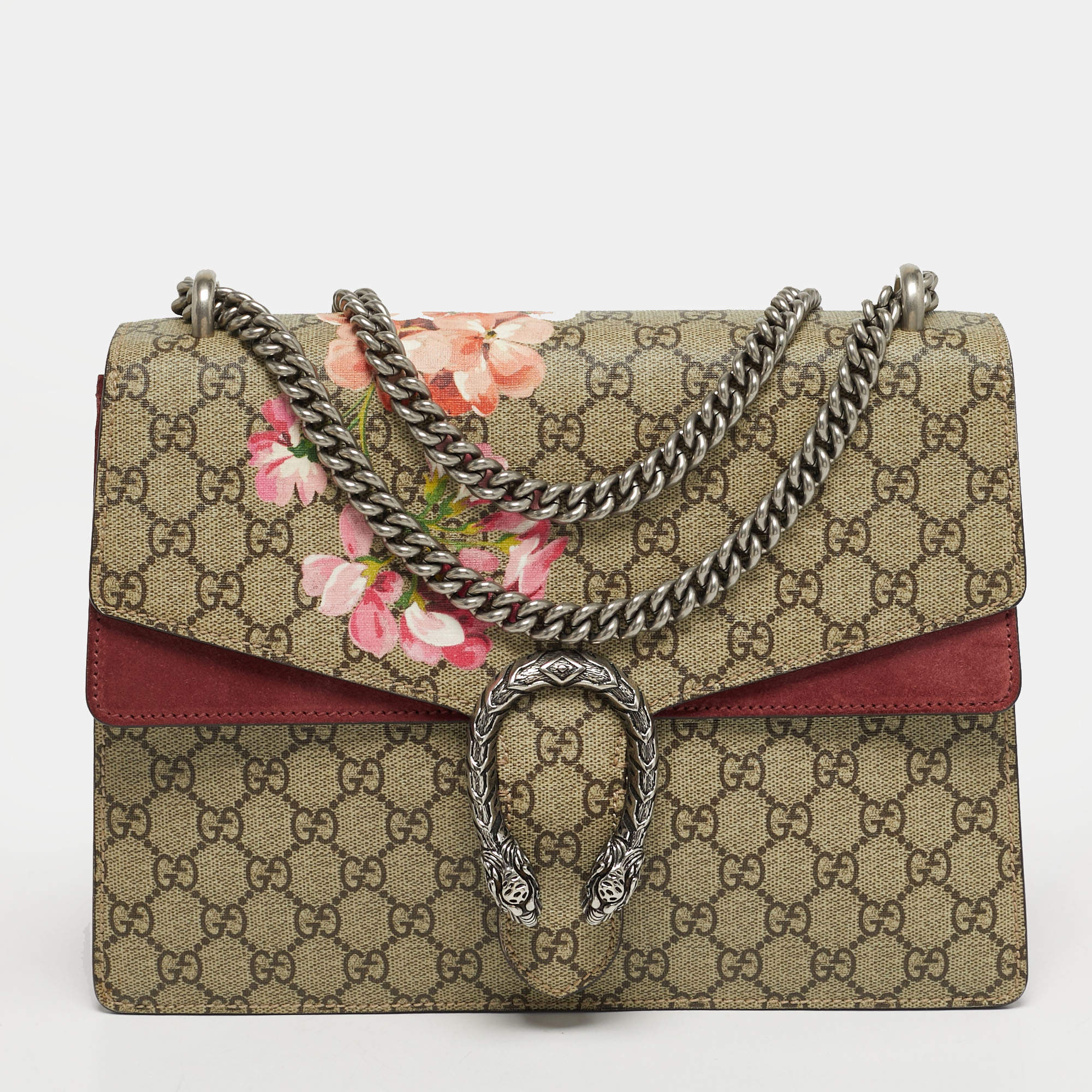Pre Owned Gucci Dionysus Medium Beige/Burgundy Blooms GG Supreme Canvas Shoulder Bag