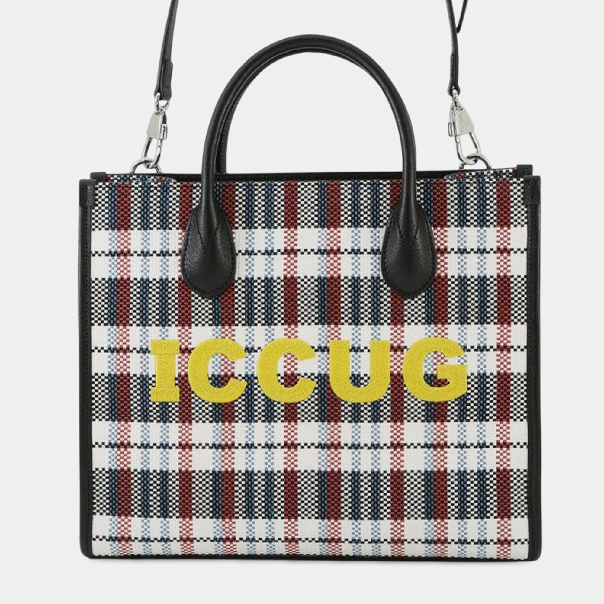 Pre Owned Gucci Brown Freya Hartas Canvas ICCUG Logo Embroidered Plaid Tote