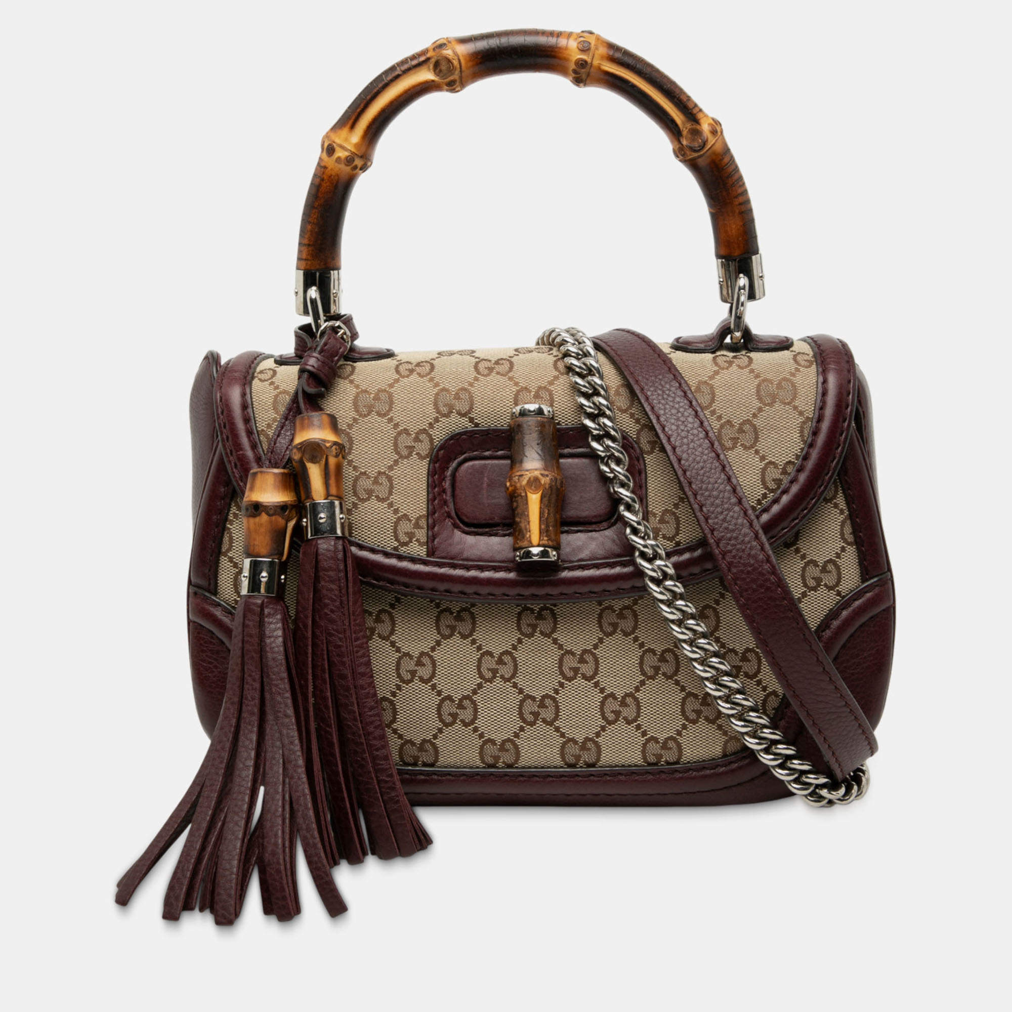 Pre Owned Gucci Brown Medium GG Canvas New Bamboo Top Handle Bag
