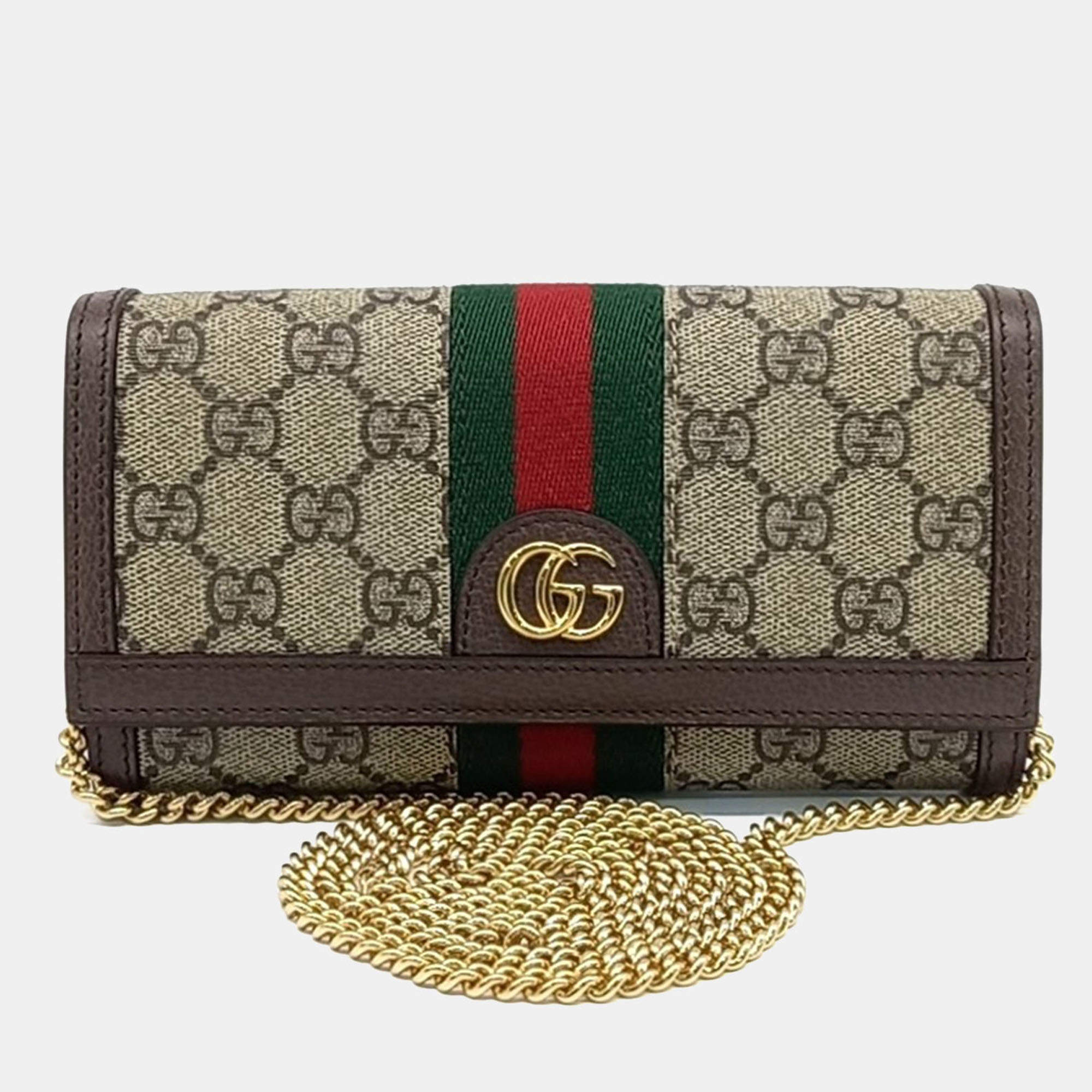 Pre Owned Gucci Beige Brown PVC Ophidia Chain Long Wallet