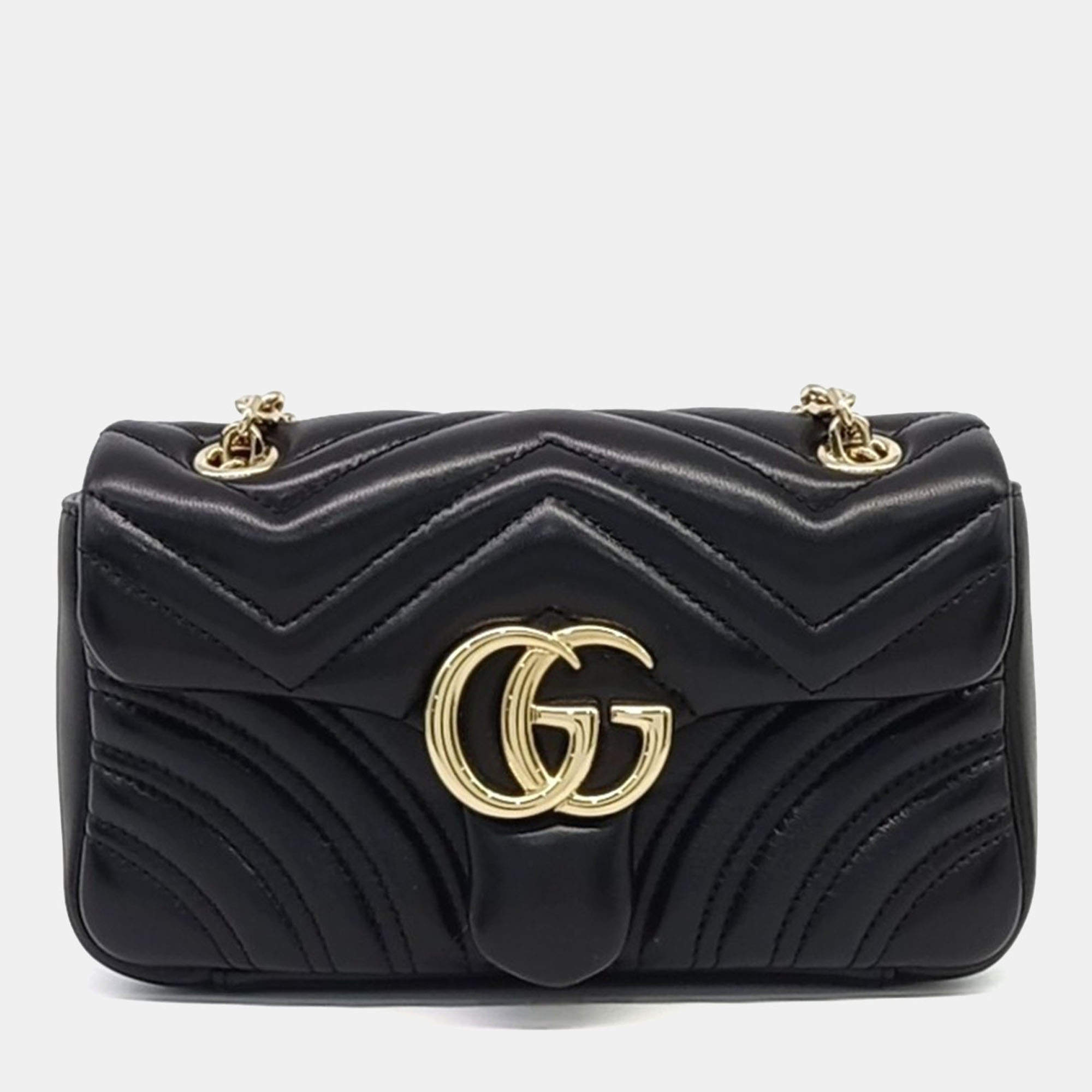 Pre Owned Gucci Black Leather GG Marmont Small Shoulder Bag