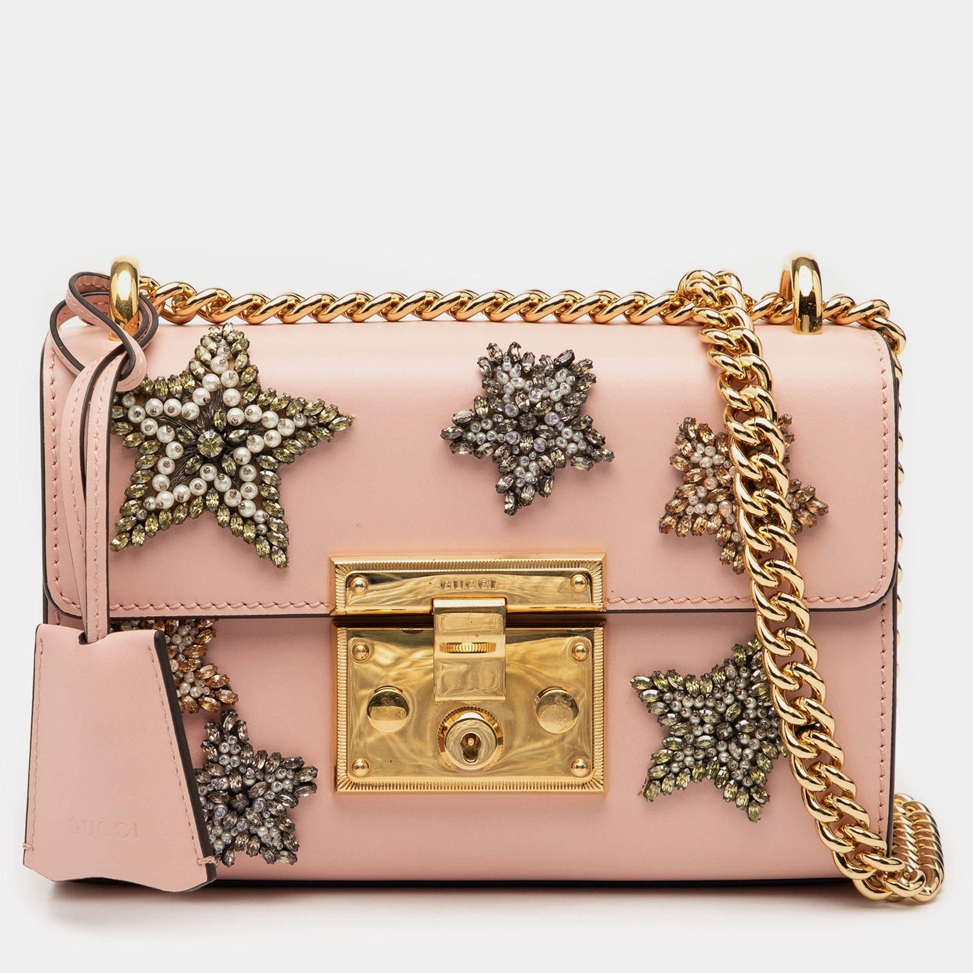 مملوكة مسبقًا Gucci Pink Small Crystal Embellished Leather Star Padlock Crossbody