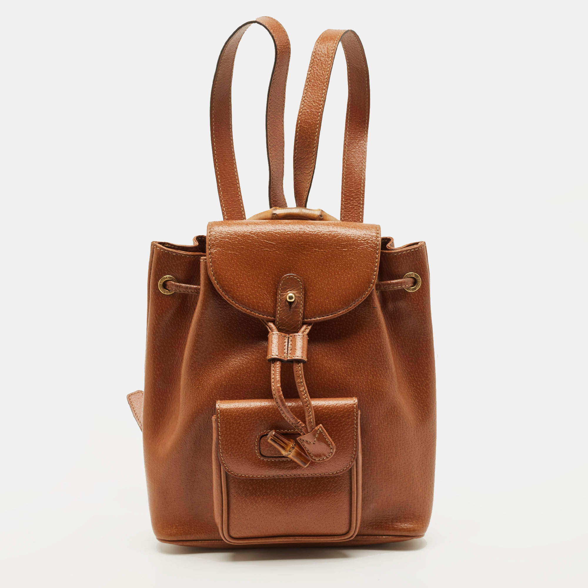 Pre Owned Gucci Bamboo Brown Leather Drawstring Backpack