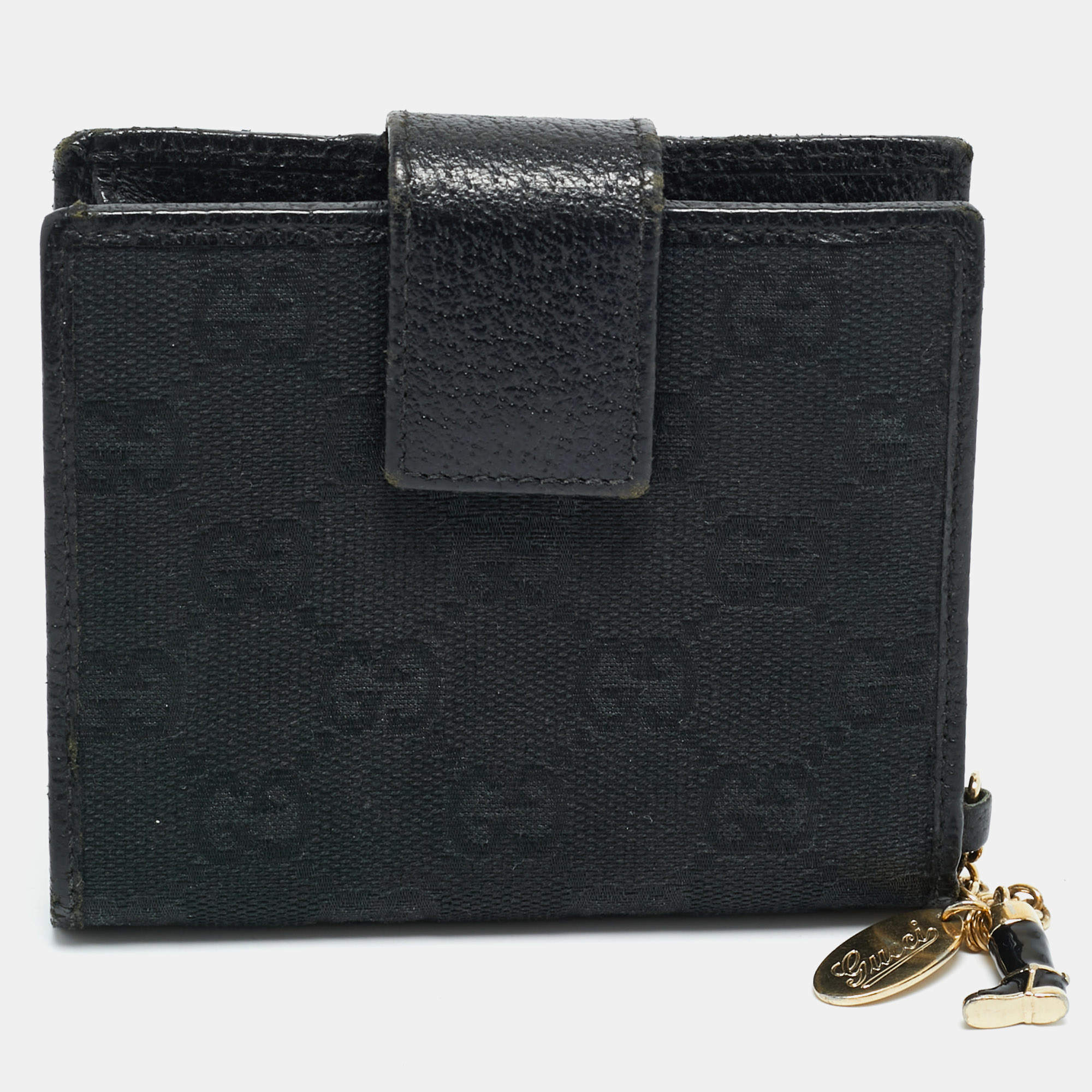Pre Owned Gucci Boot Charm Black GG Canvas and Leather Flap Compact Wallet