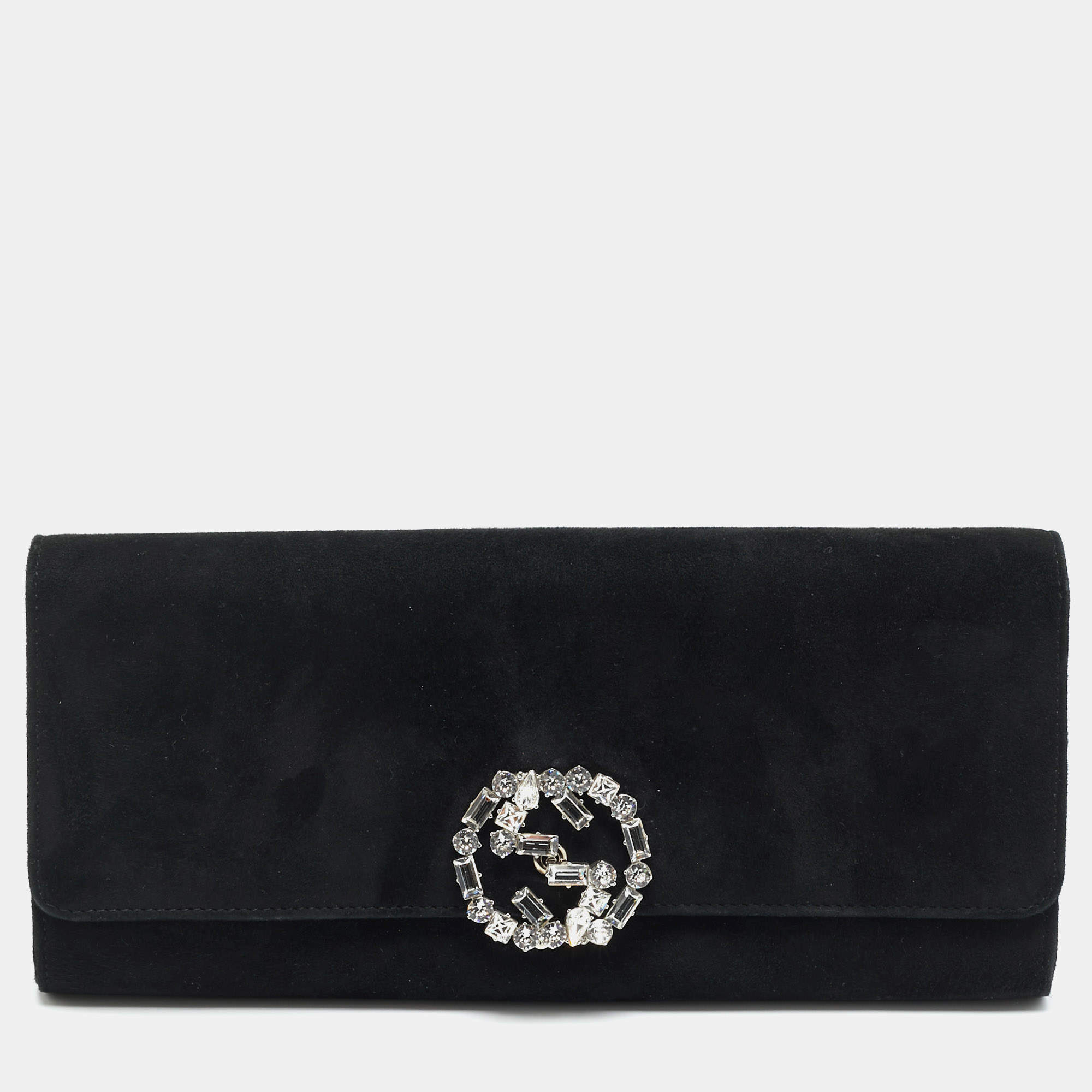 مملوكة مسبقًا Gucci Broadway Black Suede Suede Crystal GG Clutch