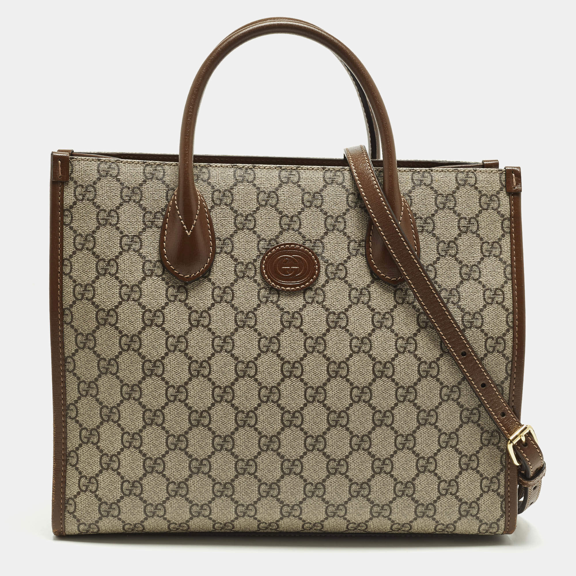Pre Owned Gucci Interlocking G Beige/Brown GG Supreme Canvas and Leather Tote