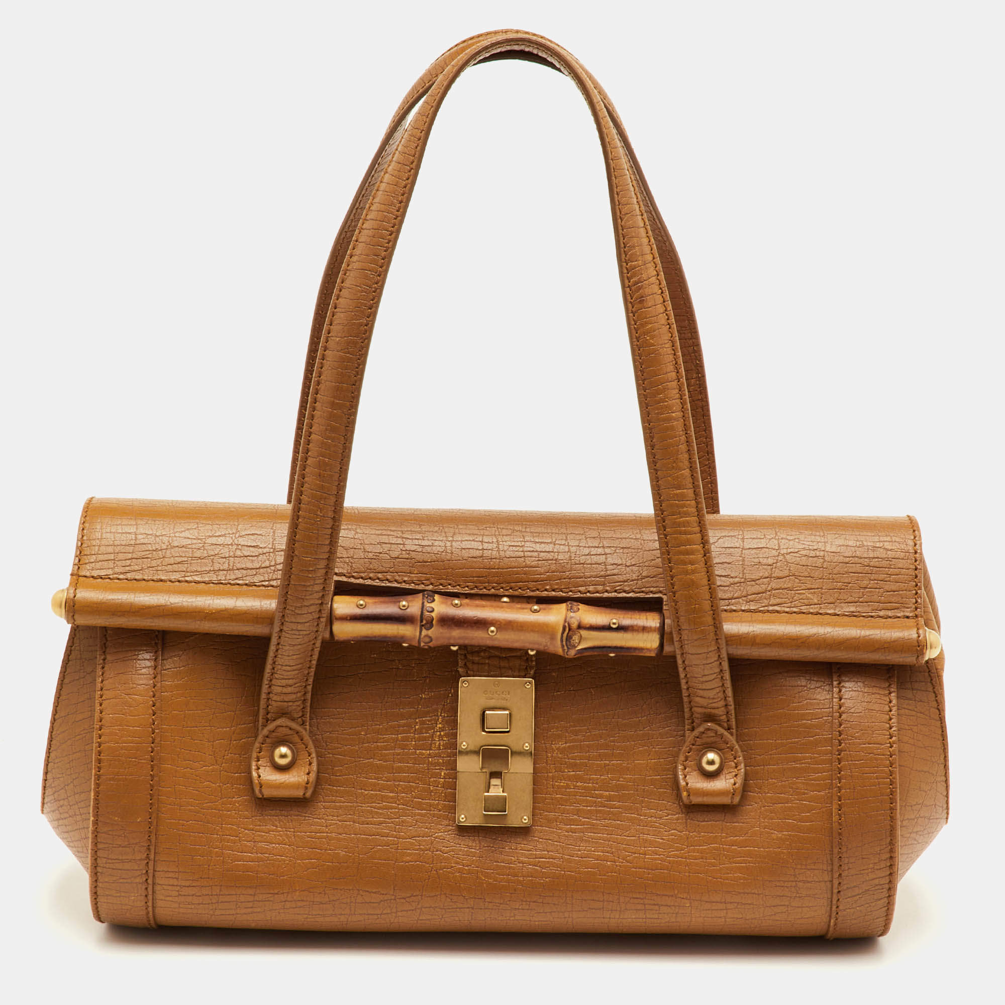 مملوكة مسبقًا حقيبة ساتشل جلد خردلي برصاصة خيزران غوتشي