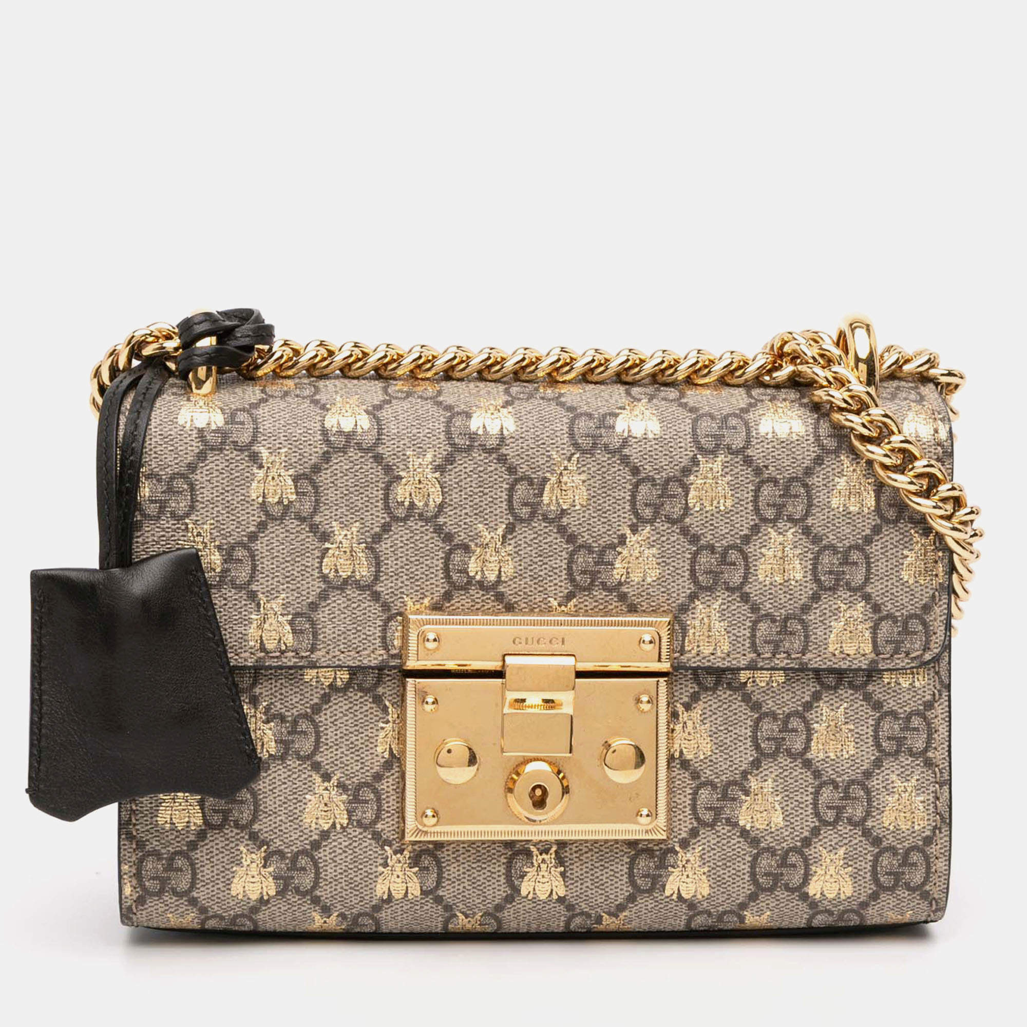 Pre Owned حقيبة كروس بودي غوتشي قفل بني GG سوبرن صغيرة نحلة