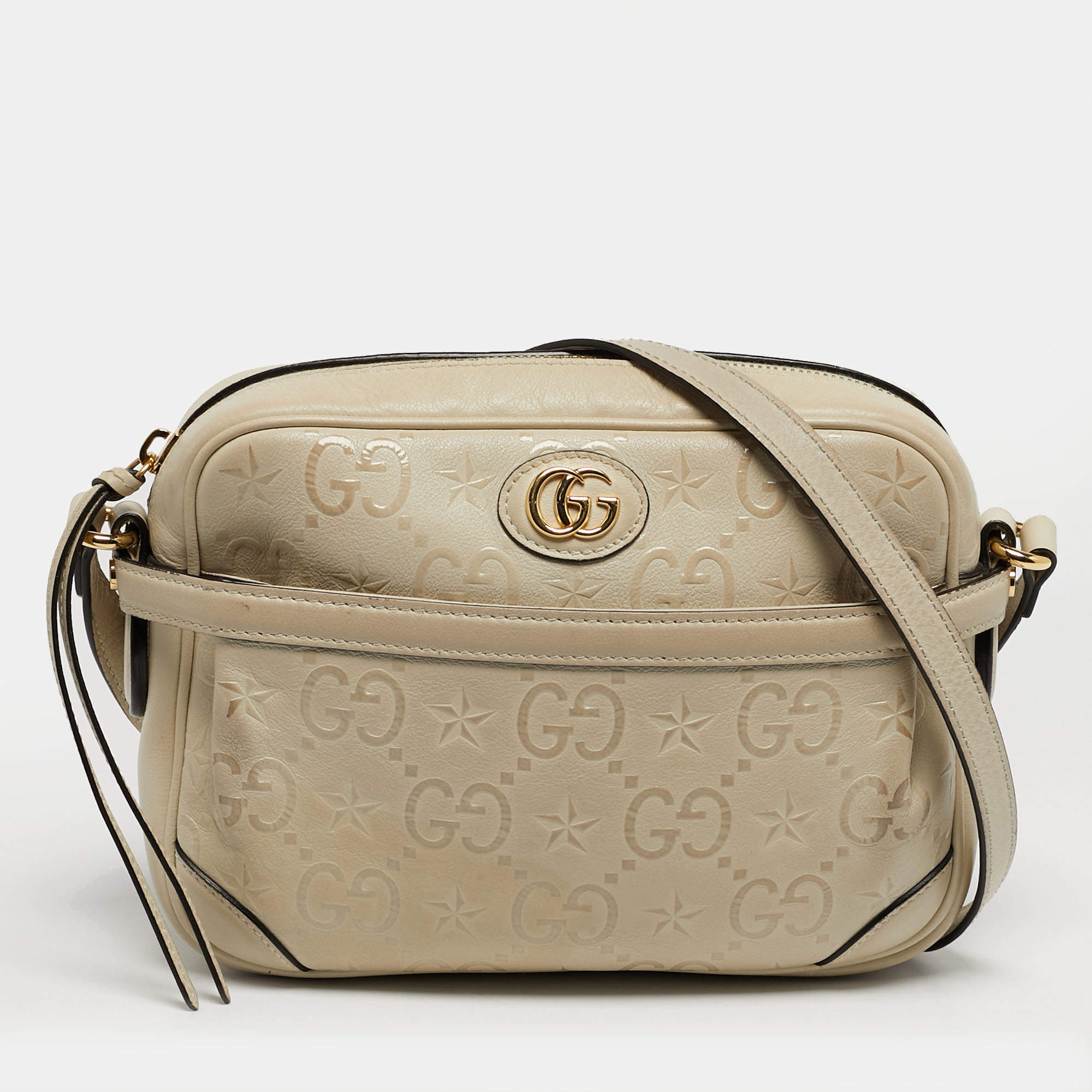 Pre Owned حقيبة كتف غوتشي كاميرا جلد GG نجم أبيض