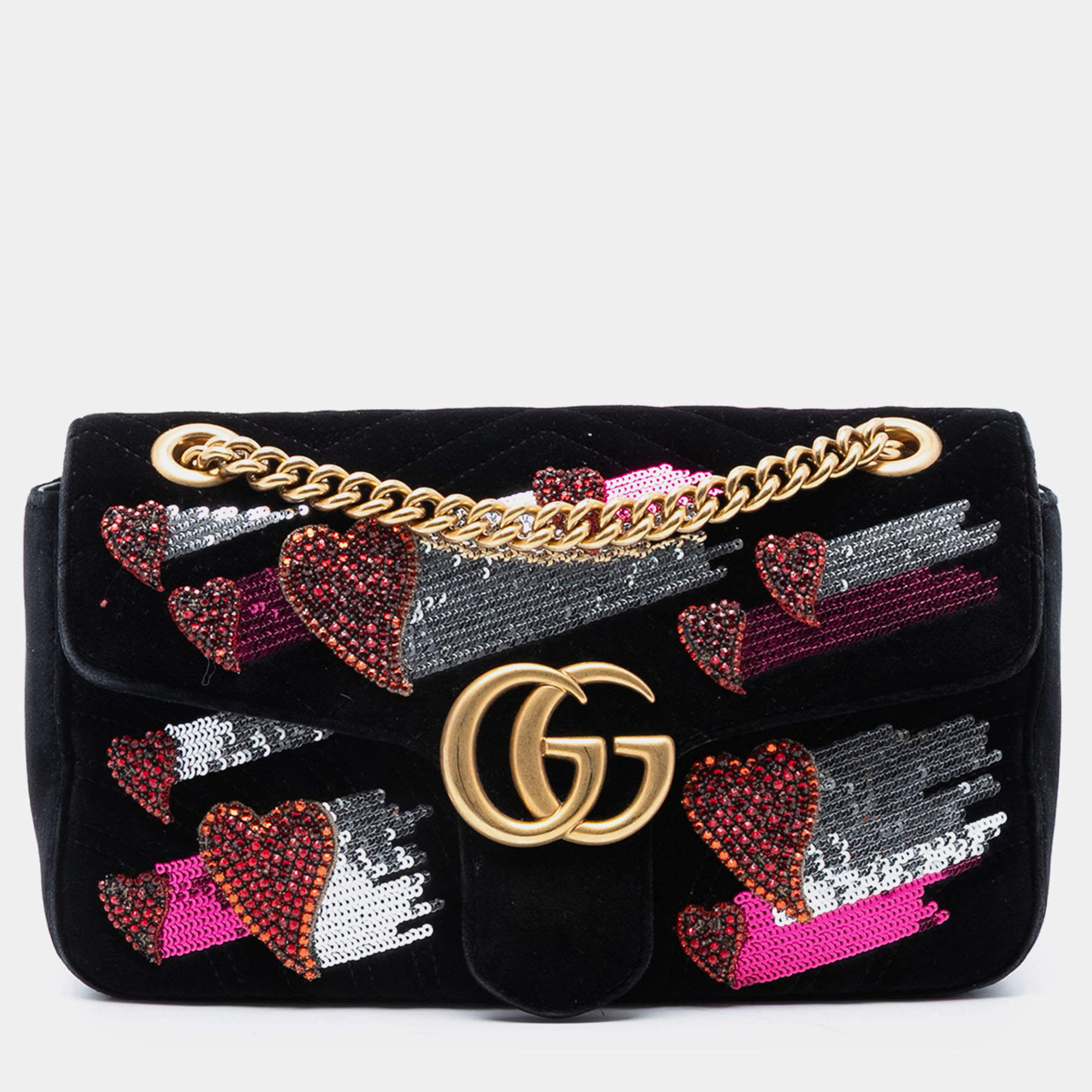 مملوكة مسبقًا Gucci Black Medium GG Marmont Matelasse Velvet Sequin Embellished Shoulder Bag