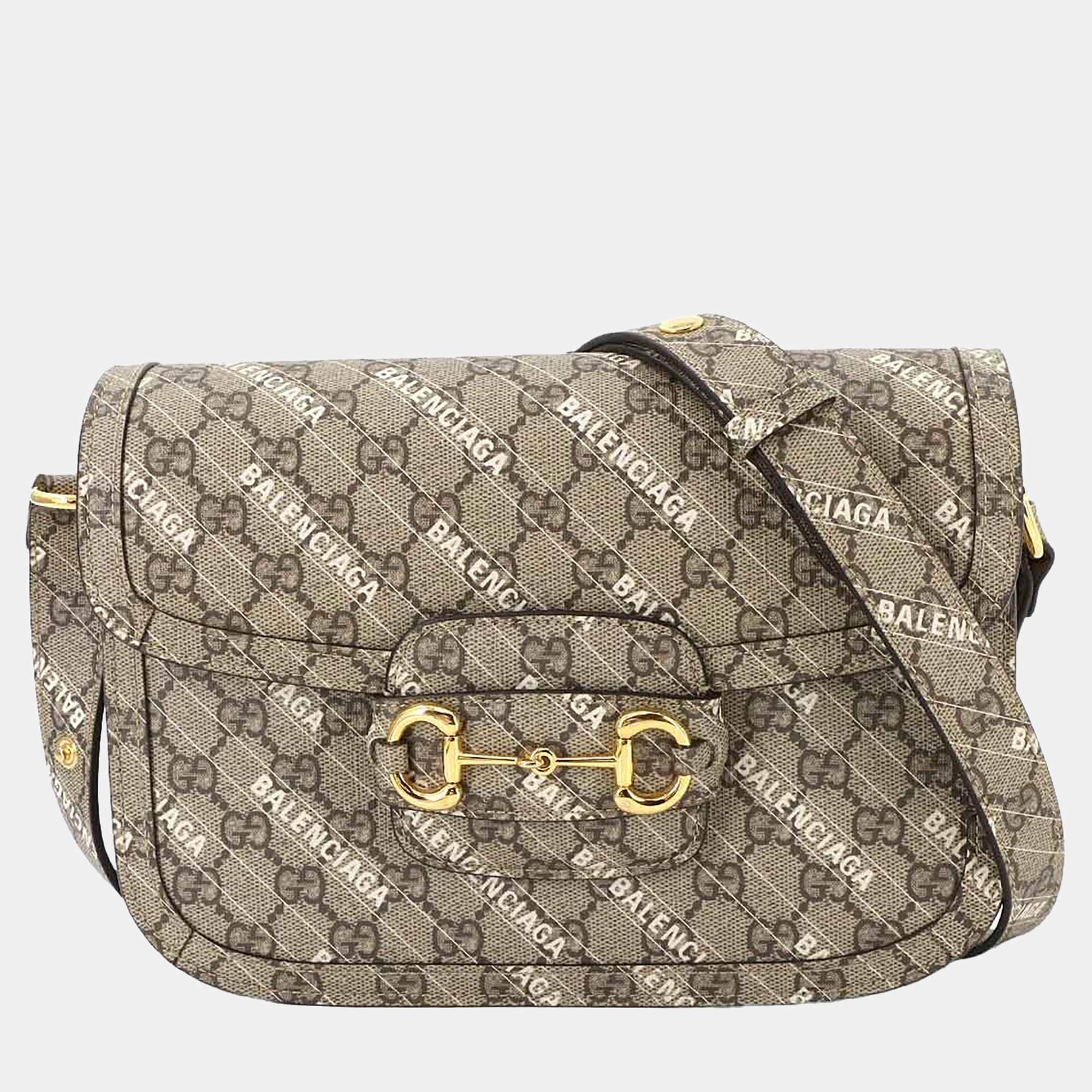 Pre Owned Gucci Hacker Horsebit 1955 Beige White GG Supreme Leather Shoulder Bag